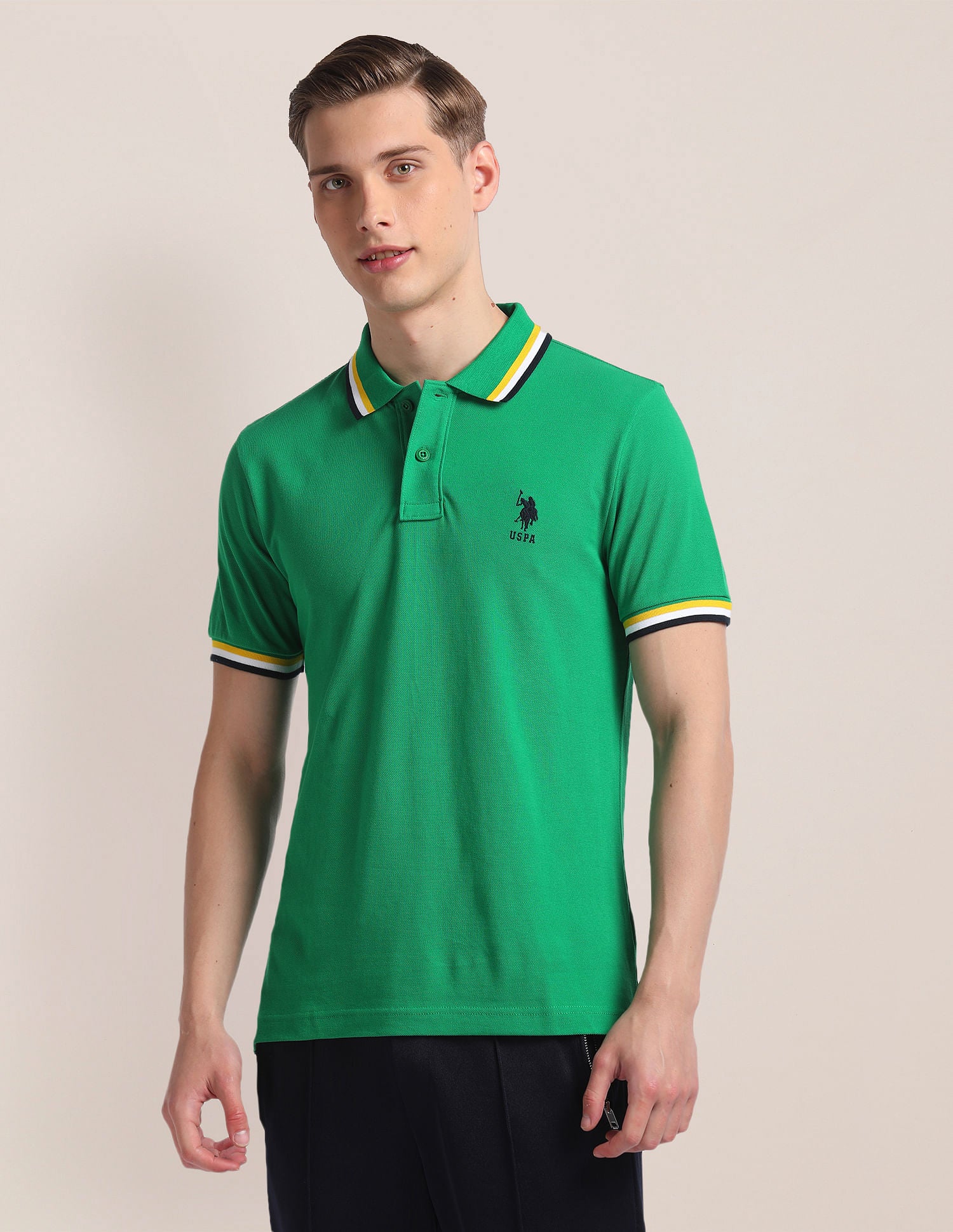 Striped Collar Slim Polo Shirt Green - U.S. Polo Assn. India | Large