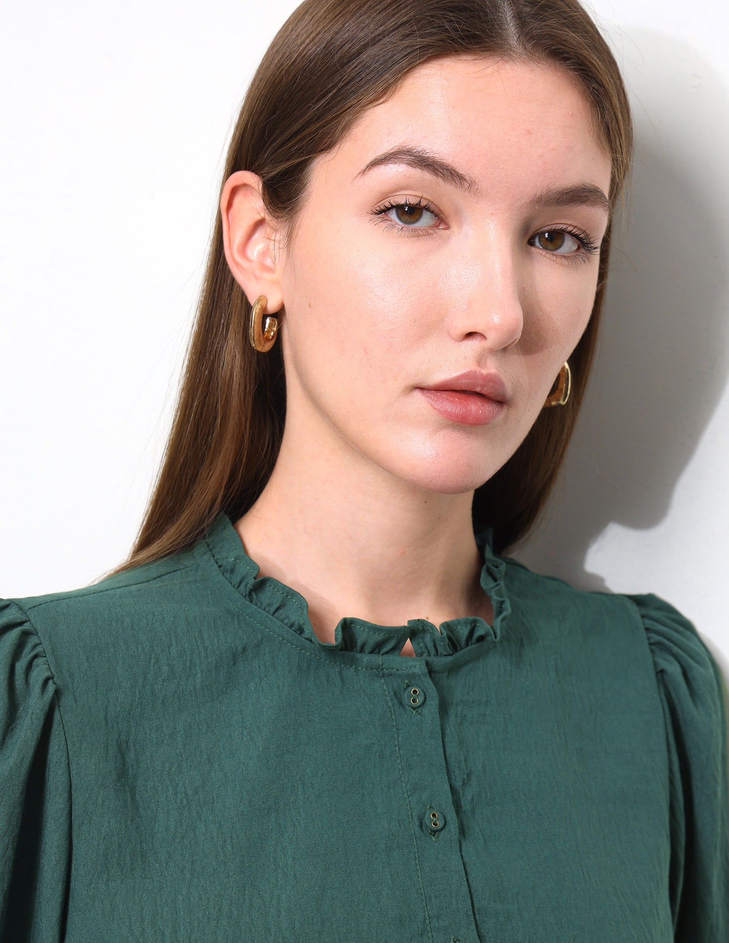 Solid Ruffle Neck Puff Sleeve Top Dark Green - U.S. Polo Assn. India | Large