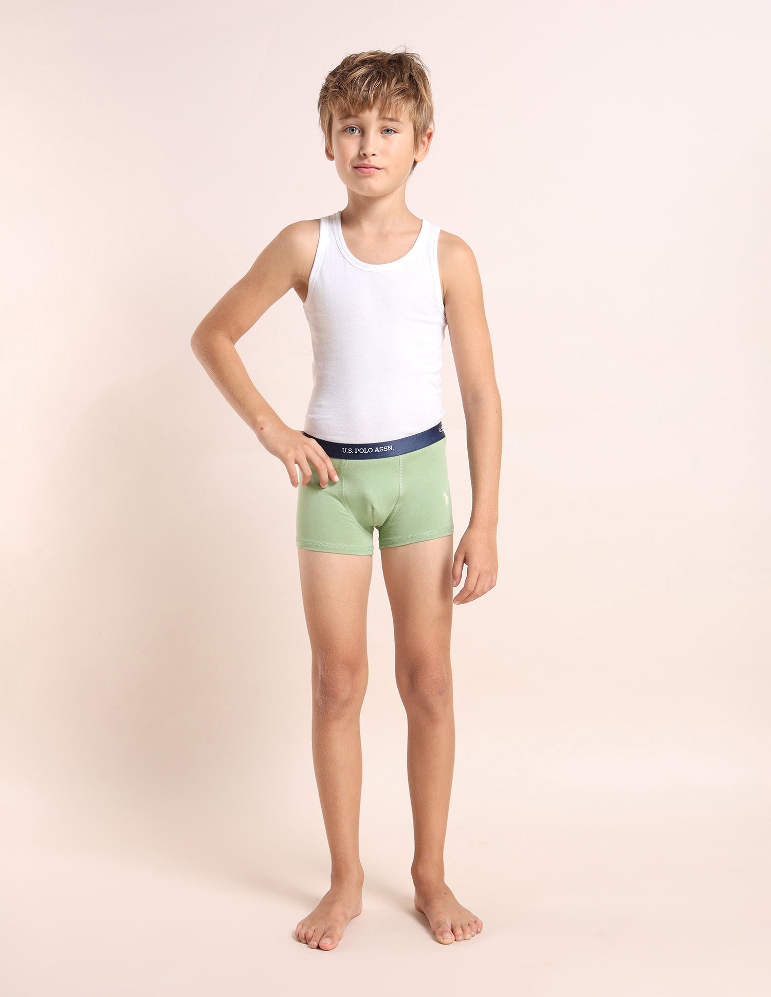 Boys Mid Rise Cotton Spandex Trunks - Pack Of 3 Grey, Blue and Green - U.S. POLO ASSN. | Large