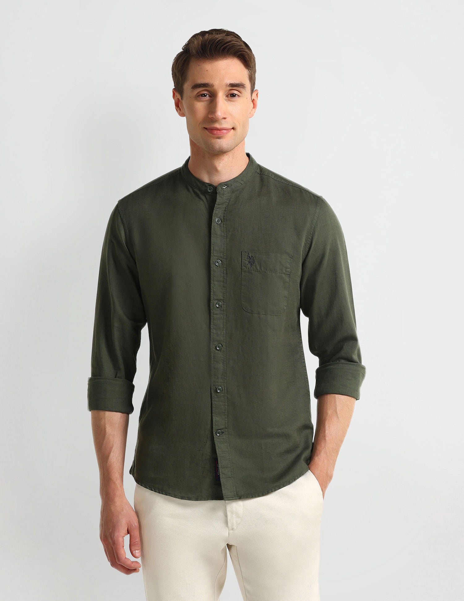 Slim Fit Solid Shirt Olive - U.S. Polo Assn. India | Large