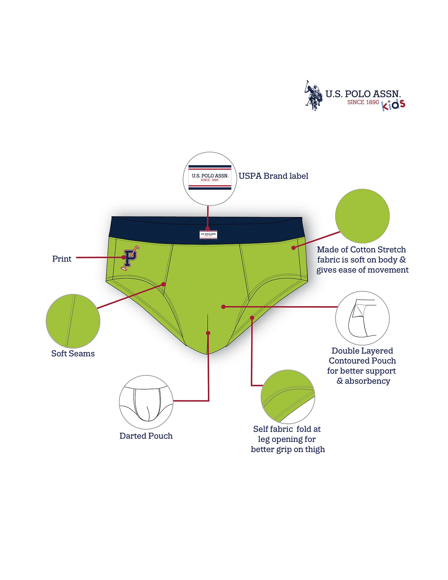 Solid Cotton Spandex IKBA Briefs - Pack Of 3 Green, Yellow and Orange - U.S. POLO ASSN. | Large