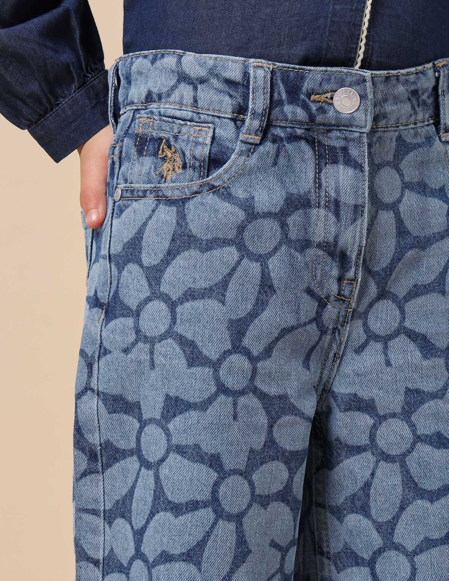 Girls Floral Laser Printed Wide Leg Jeans Blue - U.S. POLO ASSN. | Large