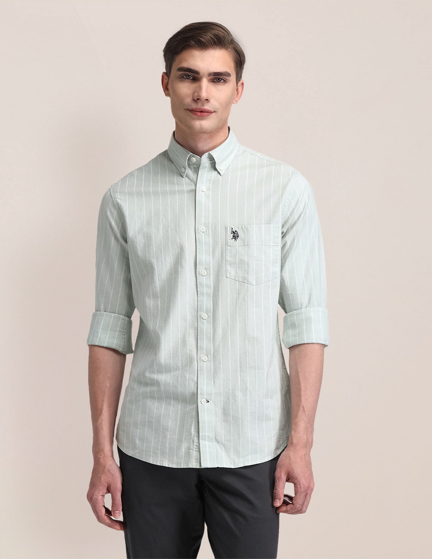 Tailored Fit Cotton Striped Shirt Grey - U.S. POLO ASSN. | Large