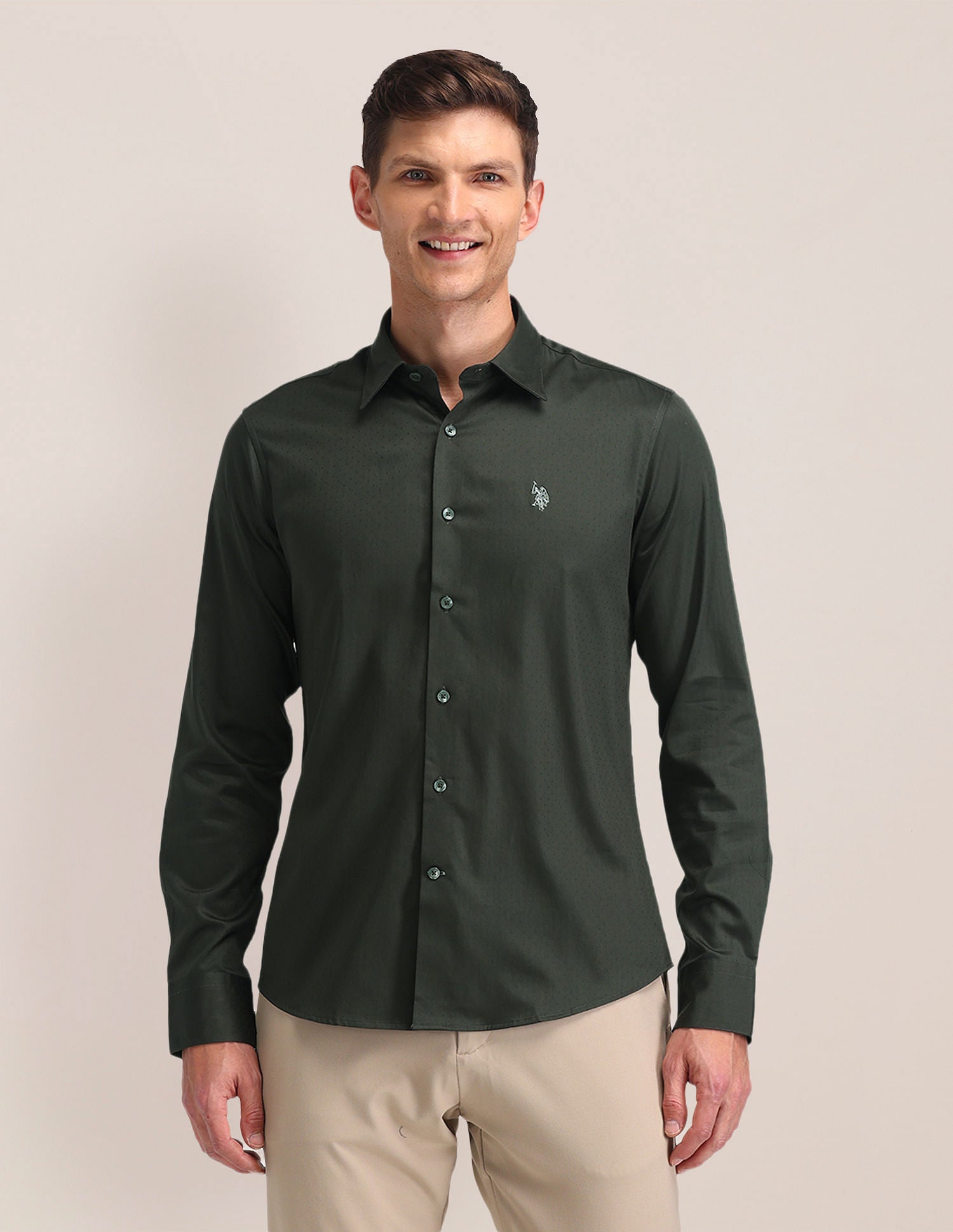 Regular Fit Satin Shirt Olive - U.S. POLO ASSN. | Large