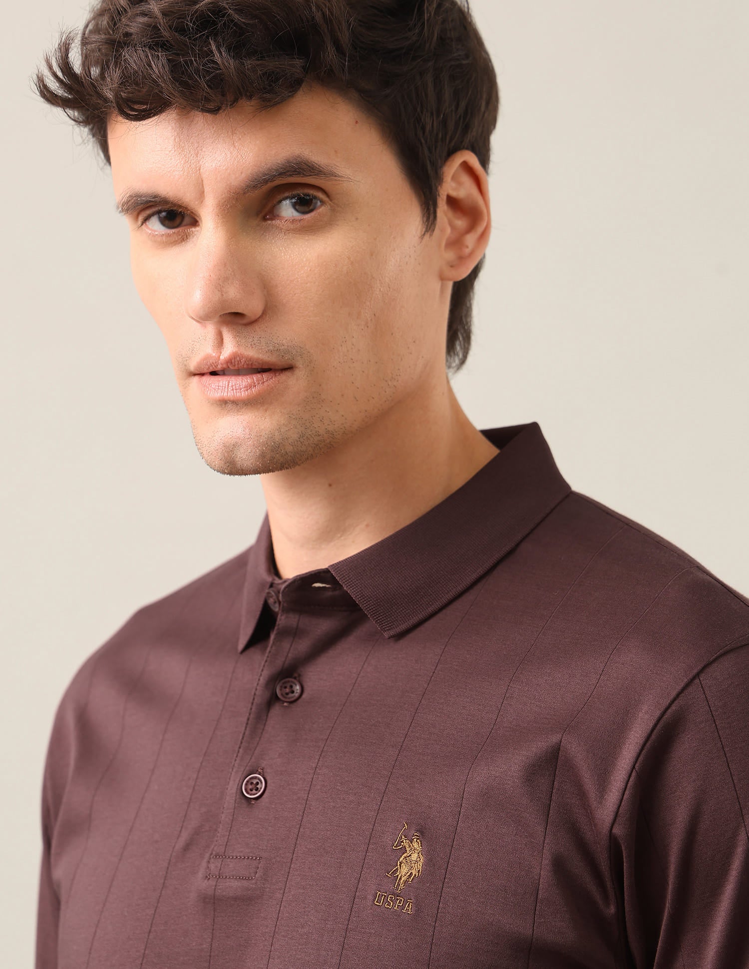 Self Design Vertical Striped Slim Fit Polo Shirt Brown - U.S. Polo Assn. India | Large