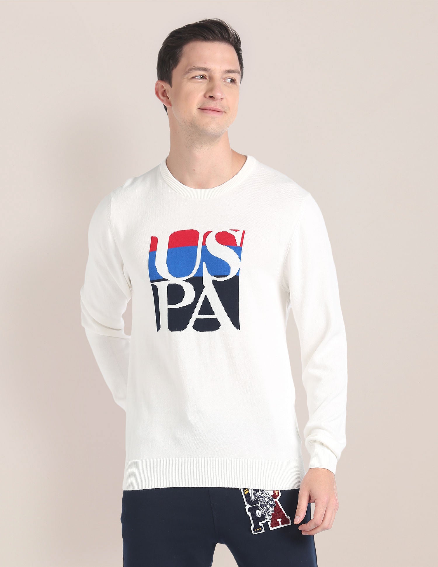 Knit Logo Cotton Sweater Off-White - U.S. POLO ASSN. | Large