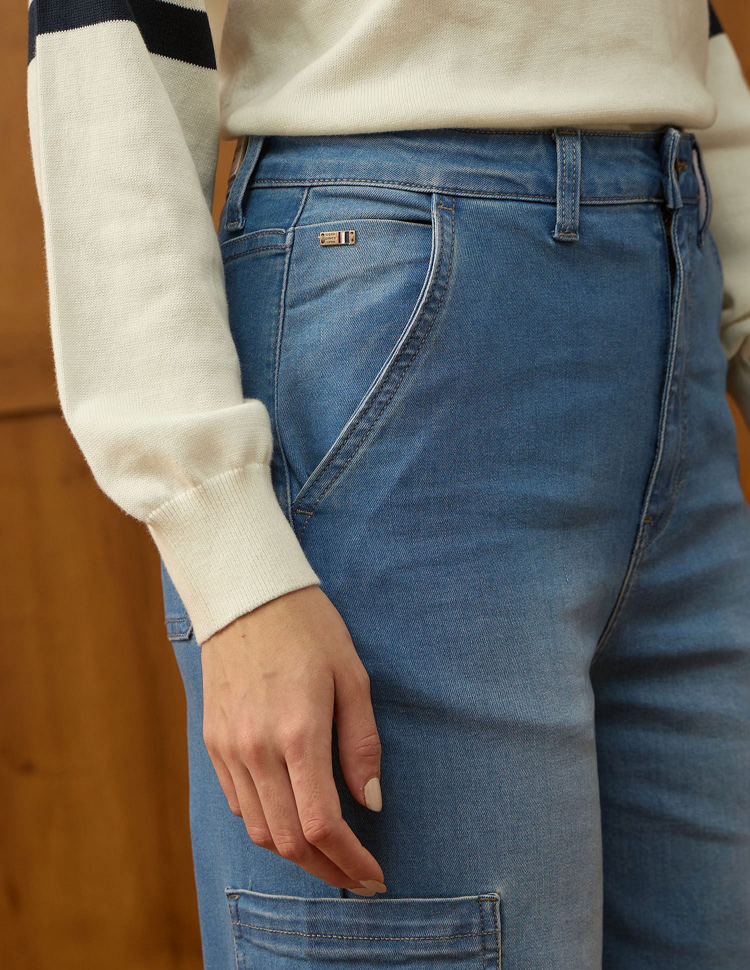 High Rise Wide Leg Cargo Jeans Mid Blue Khaki Tint - U.S. POLO ASSN. | Large