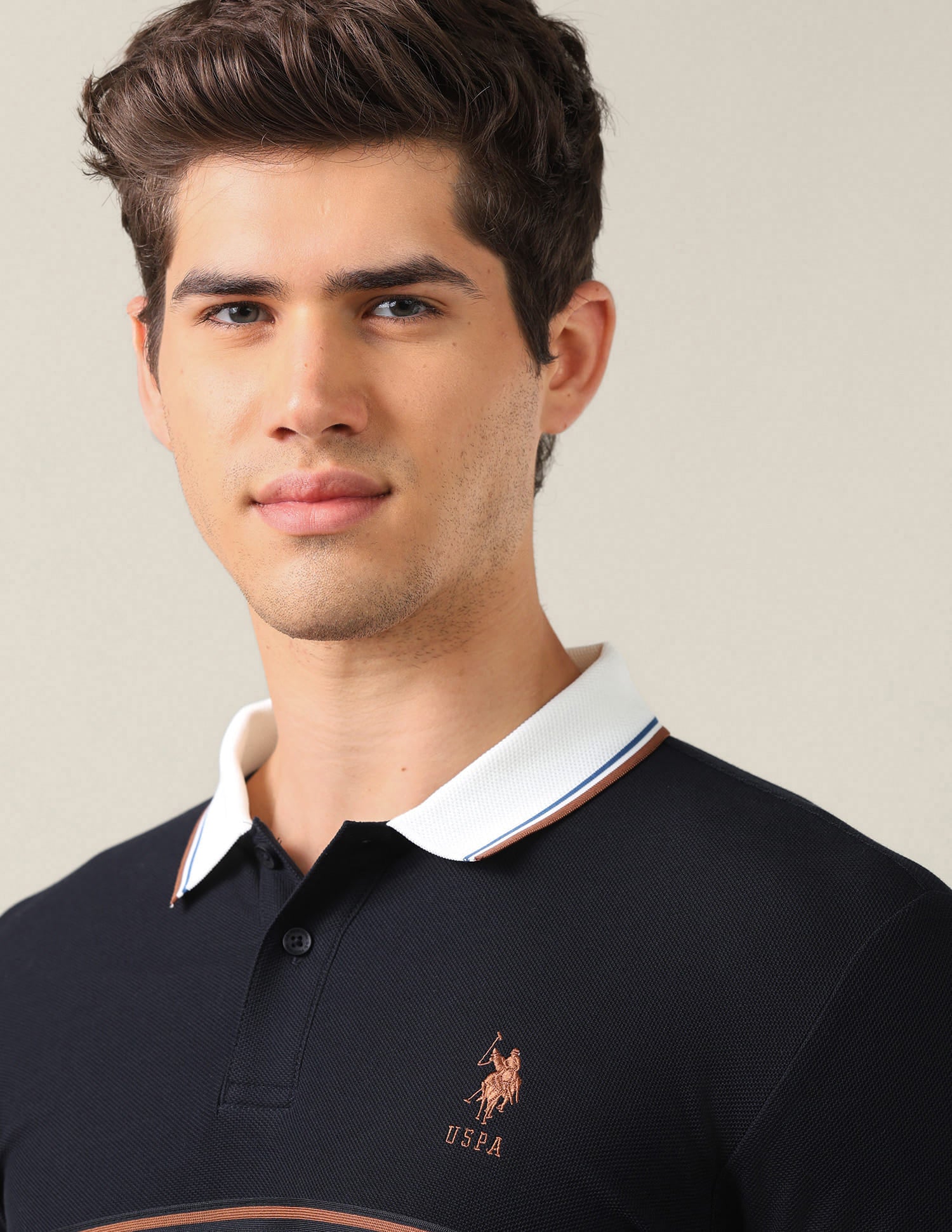 Solid With Stripe Detail Slim Fit Polo Shirt Blue - U.S. Polo Assn. India | Large