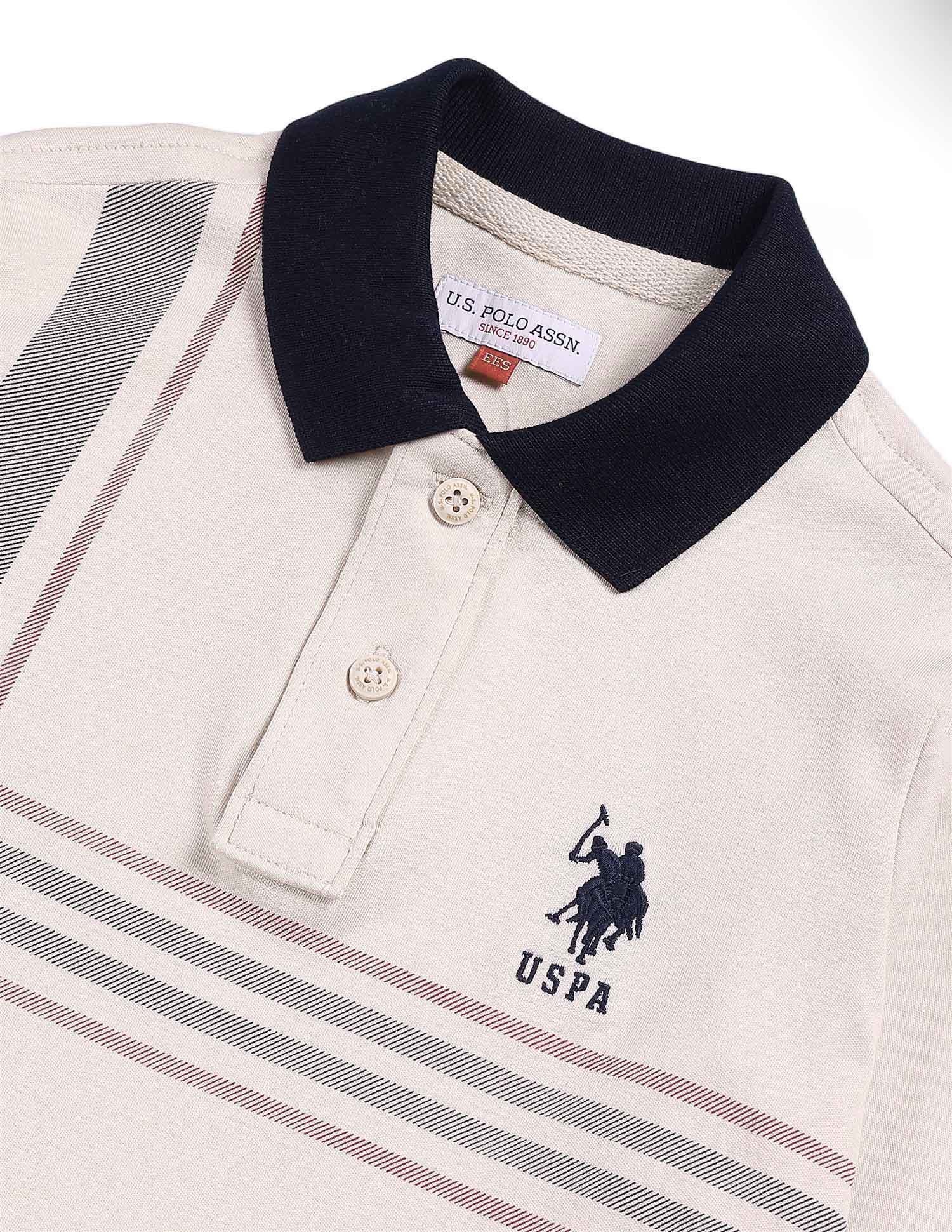 Boys Horizontal Striped Cotton Polo Shirt Beige - U.S. Polo Assn. India | Large