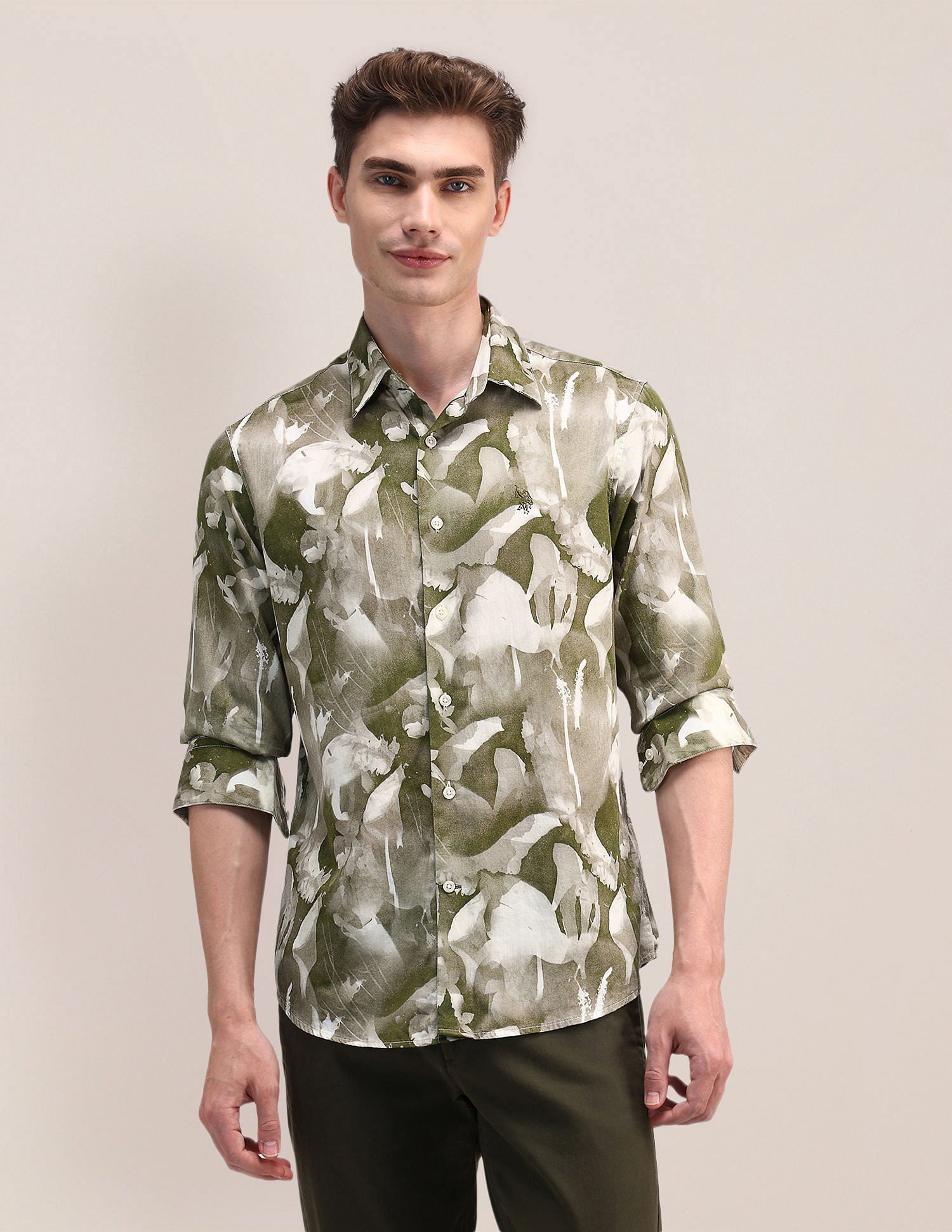 Regular Abstract Satin Shirt Olive - U.S. Polo Assn. India | Large