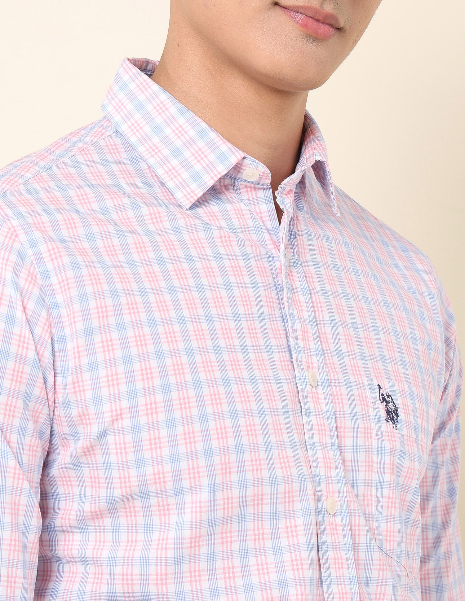Pure Cotton Grid Tattersall Checked Shirt Light Pink - U.S. Polo Assn. India | Large