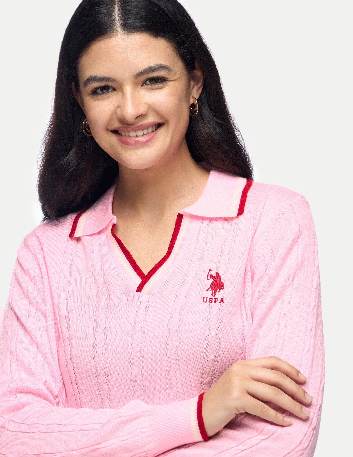 Cable Patterned Knit Regular Fit Sweater Pink - U.S. Polo Assn. India | Large