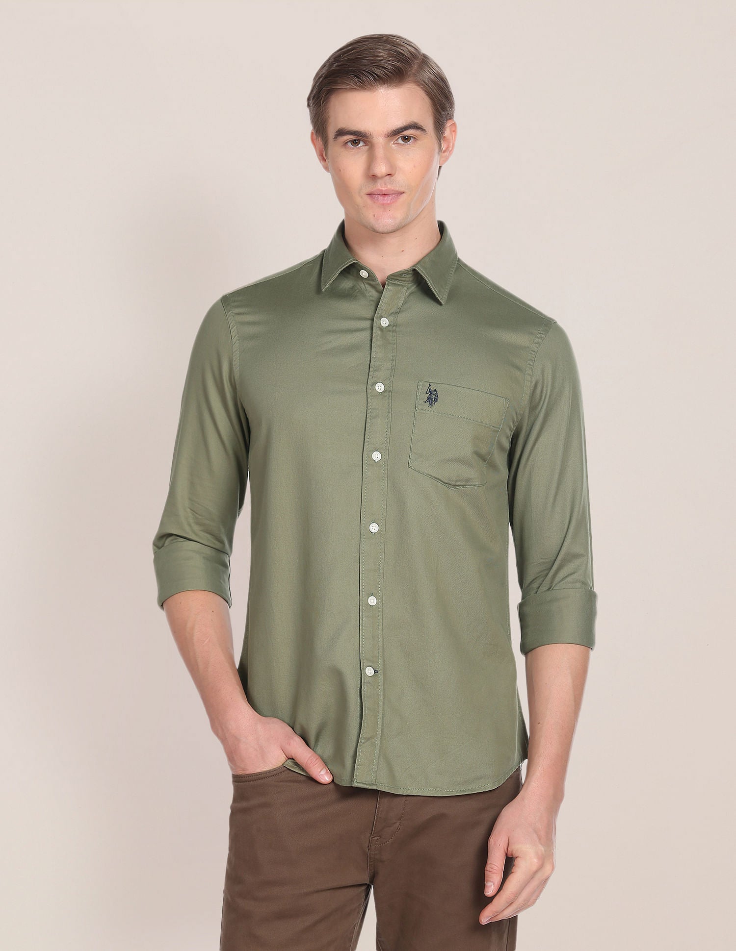 Solid Twill Casual Shirt Olive - U.S. Polo Assn. India | Large