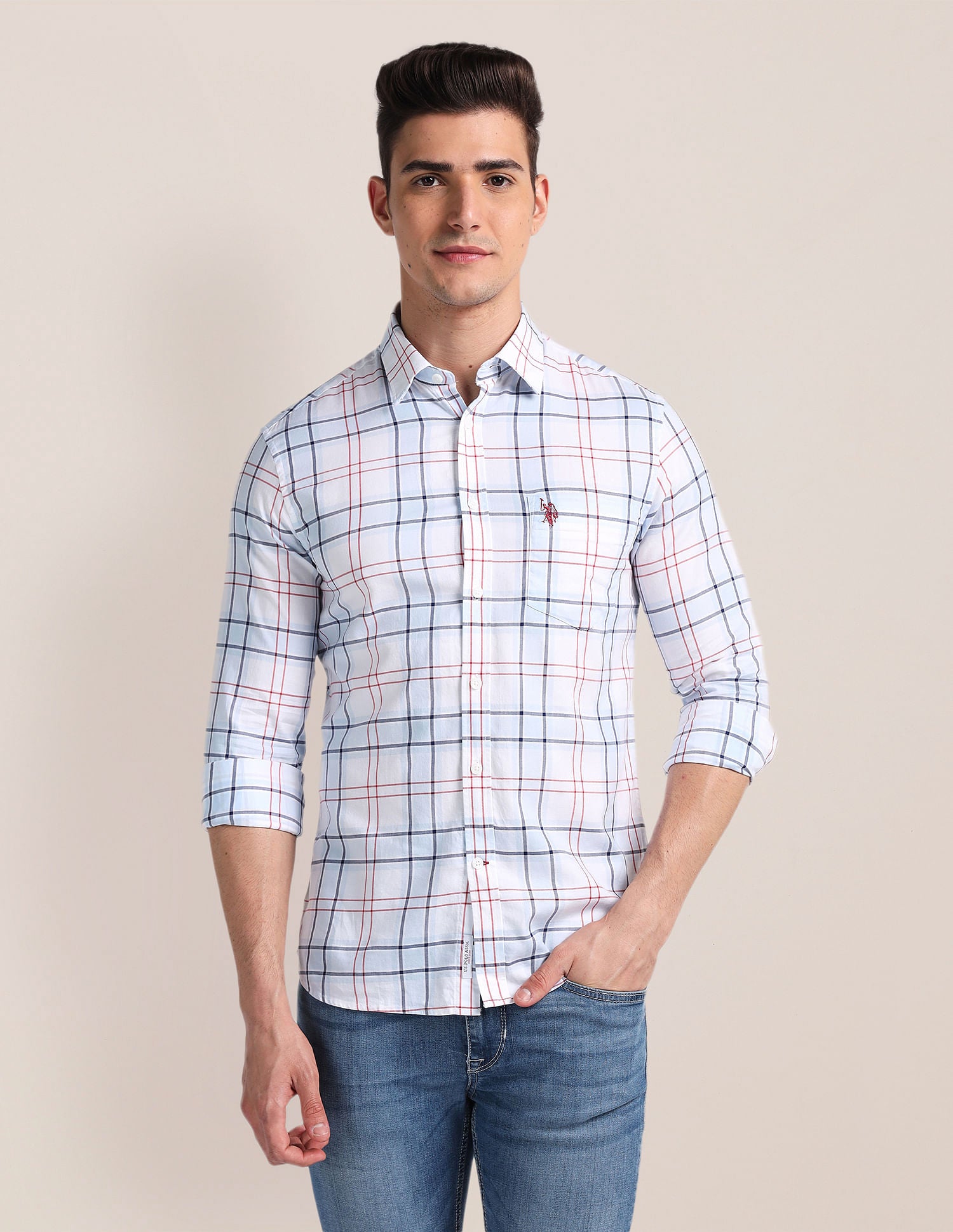 Premium Cotton Tartan Shirt Light Blue - U.S. Polo Assn. India | Large