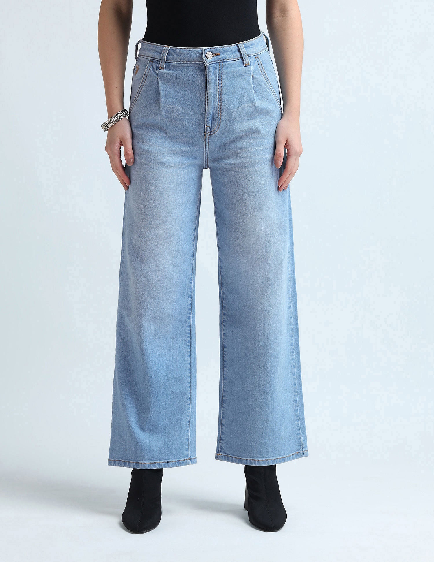 Pleated Wide Leg Fit Blue Jeans Blue - U.S. Polo Assn. India | Large