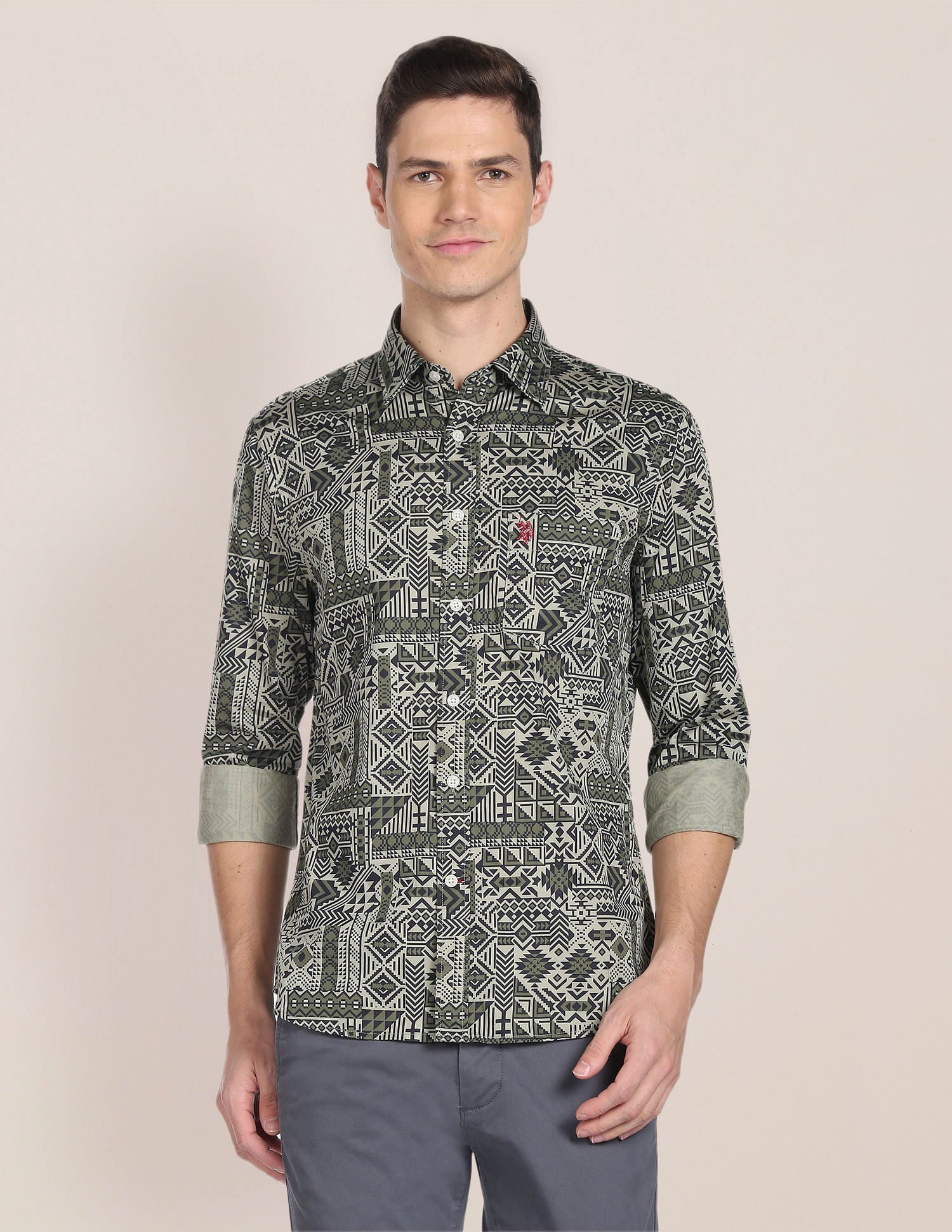 Spread Collar Geometric Print Shirt Olive - U.S. Polo Assn. India | Large