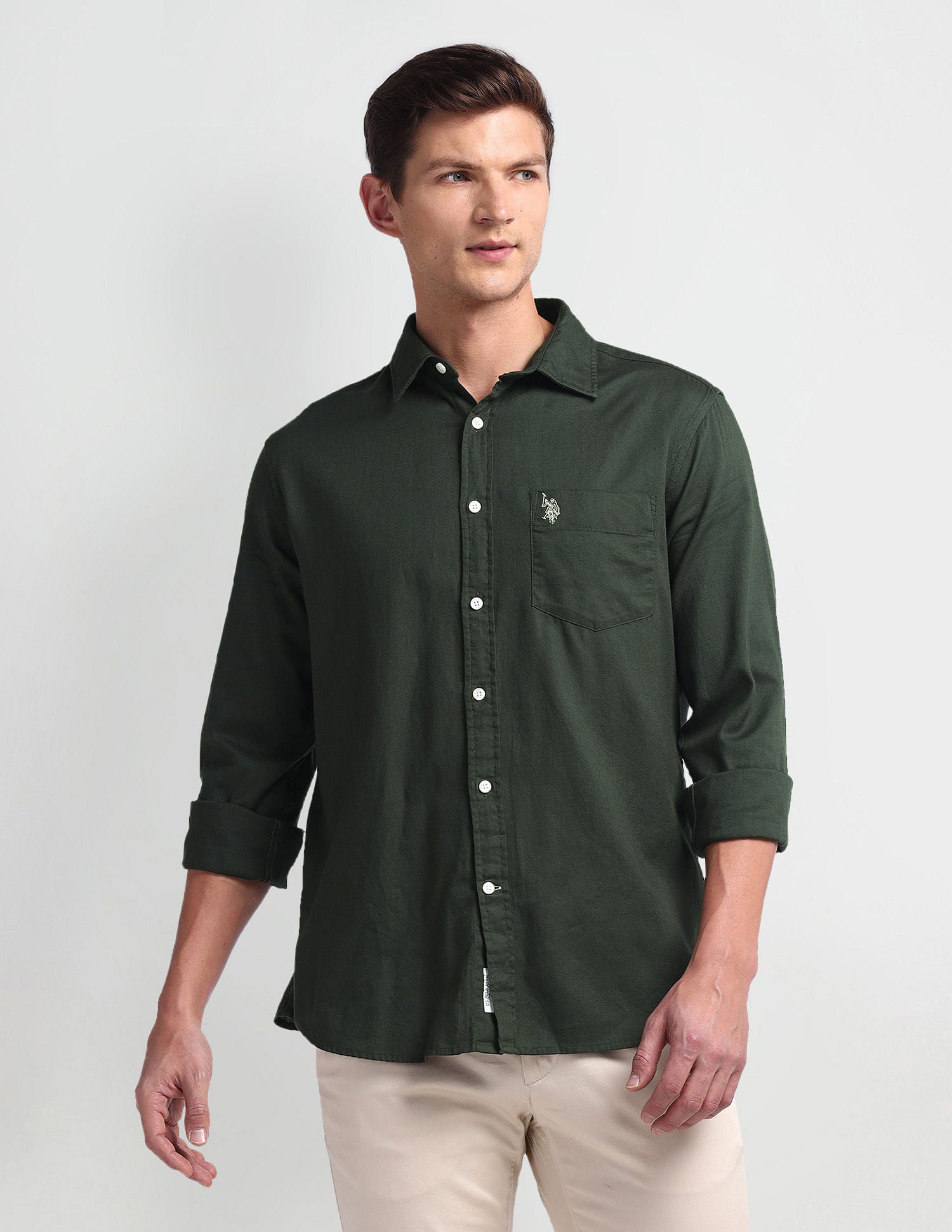 Semi Cutaway Collar Tailored Fit Shirt Olive - U.S. Polo Assn. India | Large