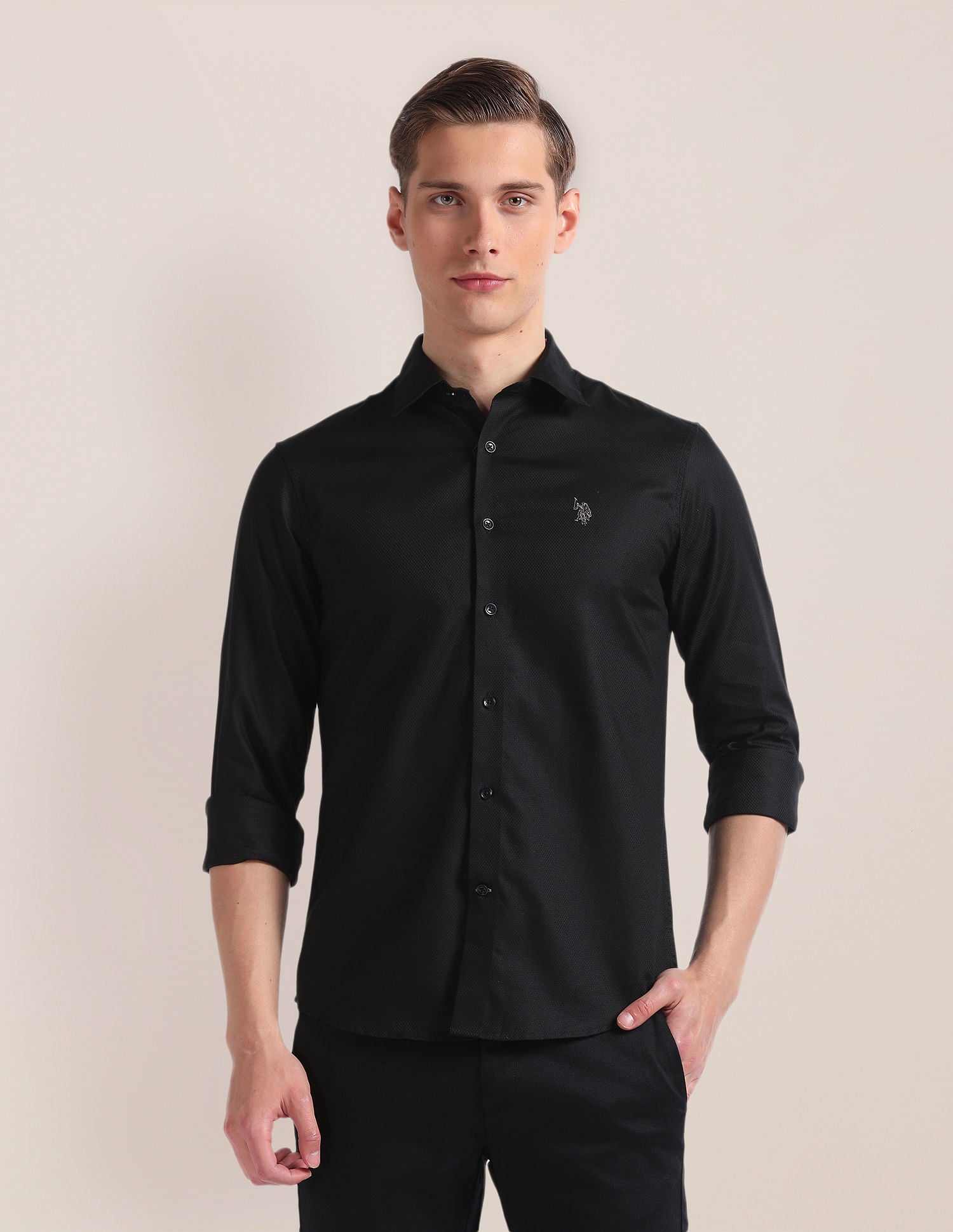 Premium Cotton Dobby Shirt Black - U.S. Polo Assn. India | Large