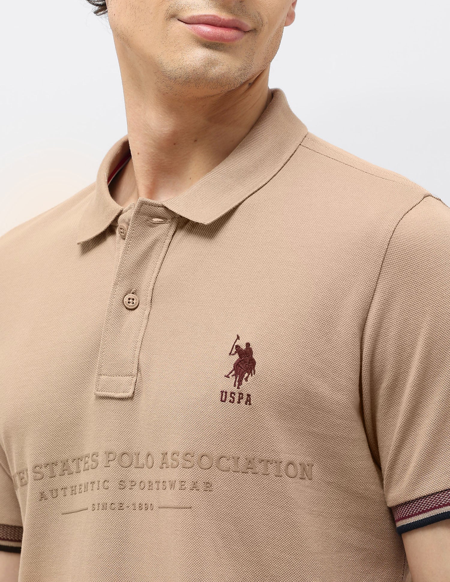 Typographic Printed Slim Fit Polo shirt Beige - U.S. Polo Assn. India | Large