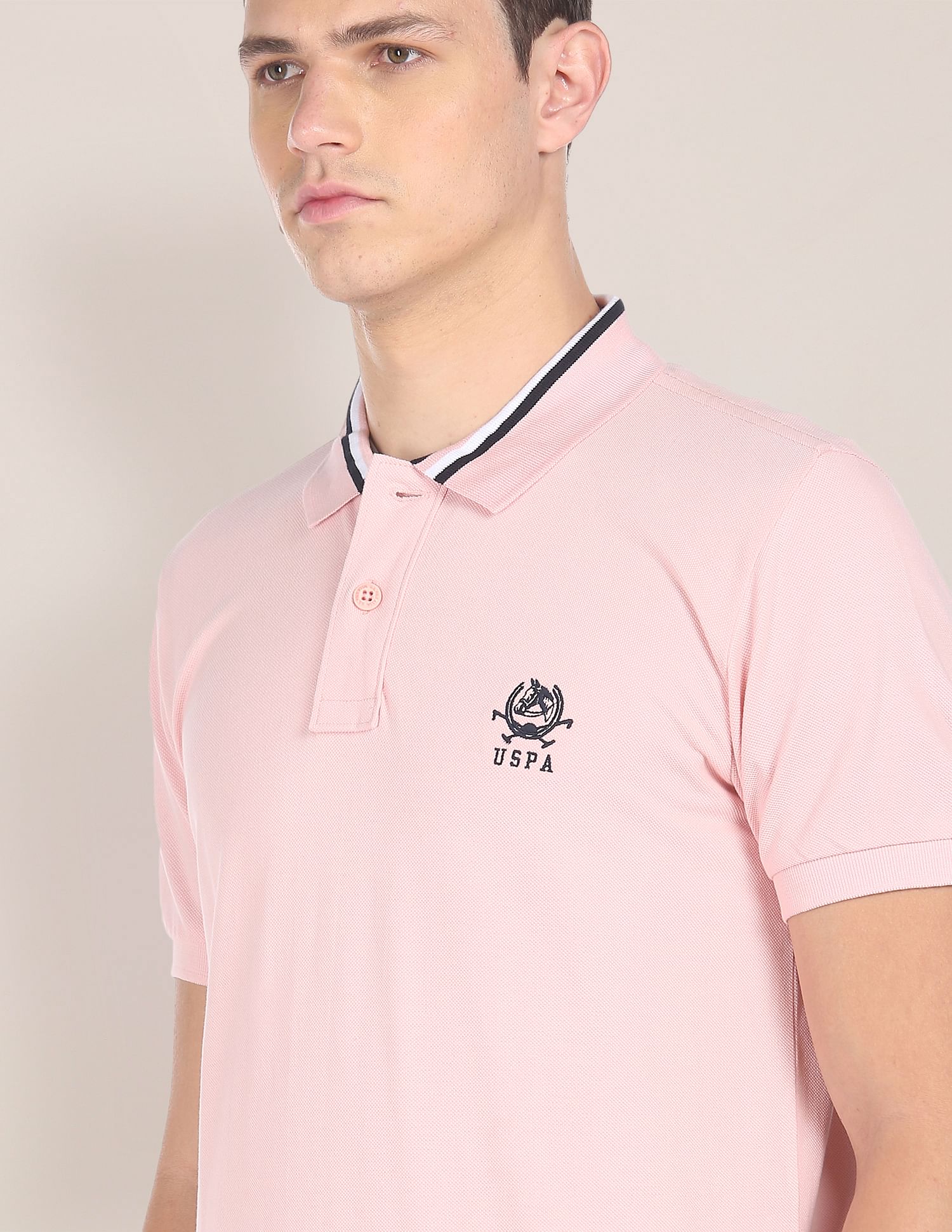 Men Pink Cotton Solid Polo Shirt Pink - U.S. POLO ASSN. | Large