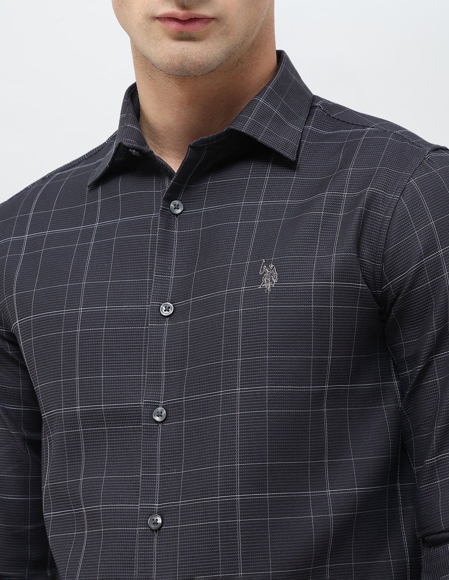 Regular Fit Textured With Grid Checked Shirt Grey - U.S. POLO ASSN. | Large