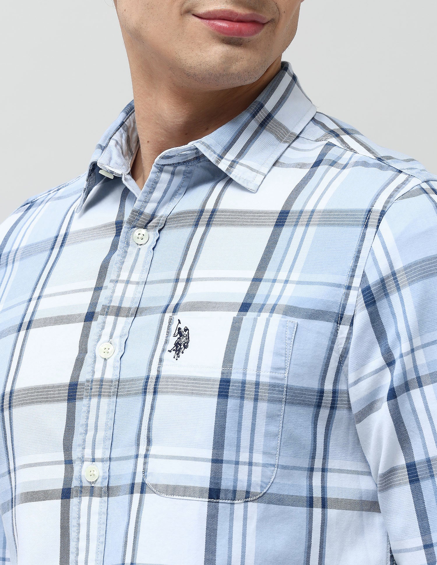 Twill Plaid Checked Shirt Light Indigo - U.S. Polo Assn. India | Large