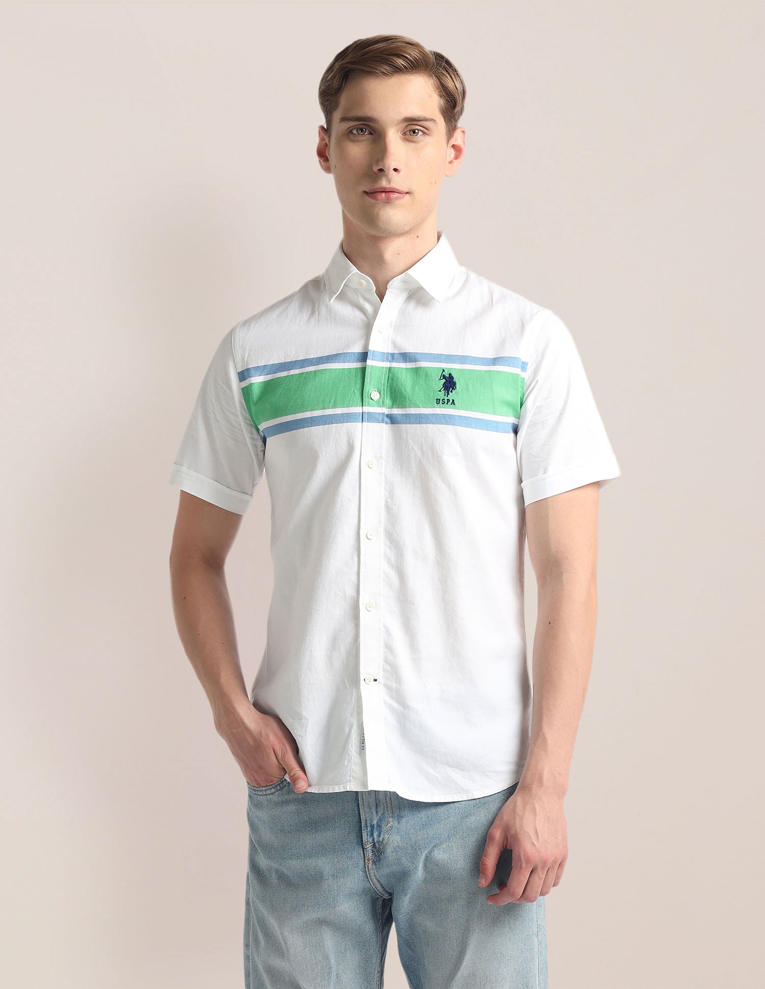 Horizontal Stripe Pinpoint Oxford Shirt White and Green - U.S. Polo Assn. India | Large