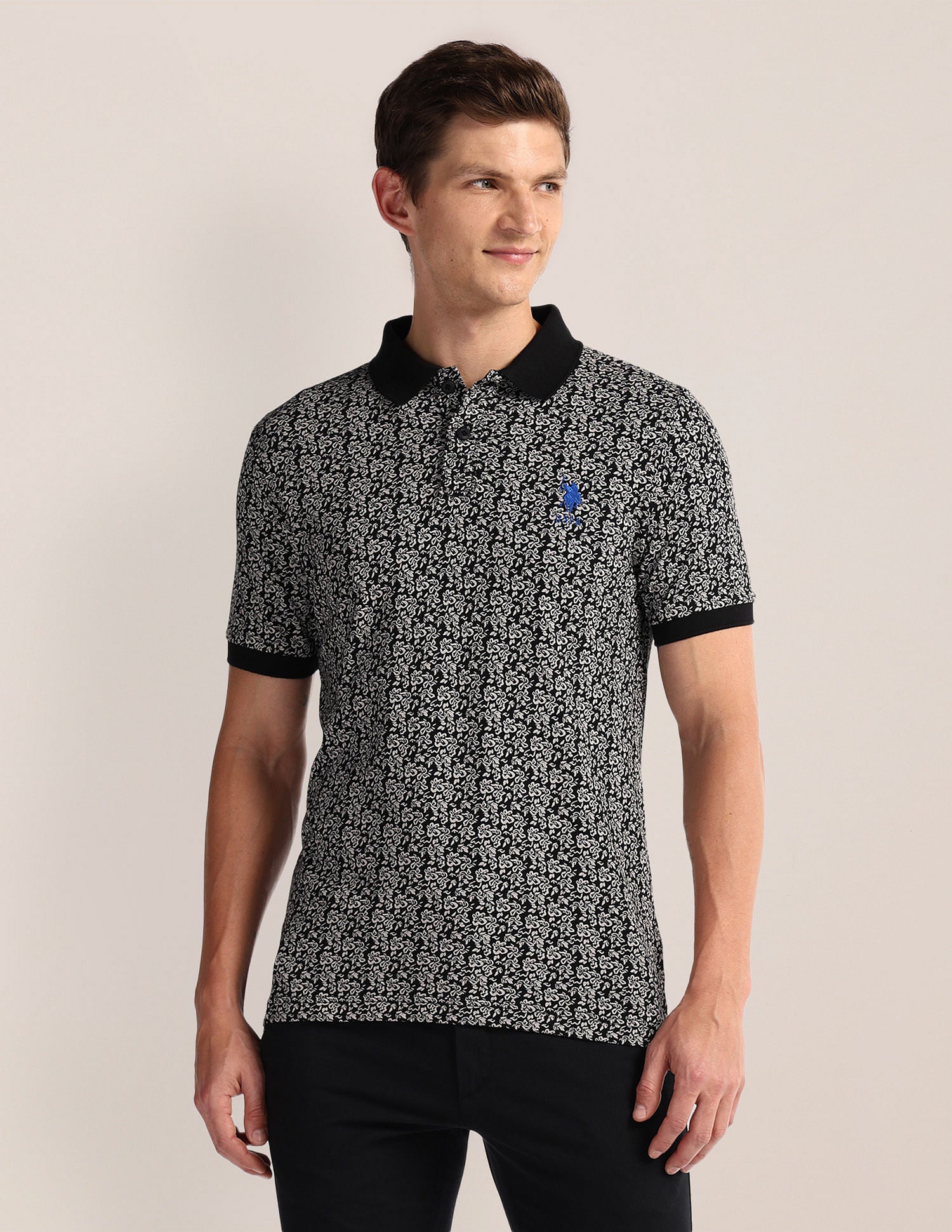 Floral Print Slim Fit Polo Shirt Black - U.S. POLO ASSN. | Large
