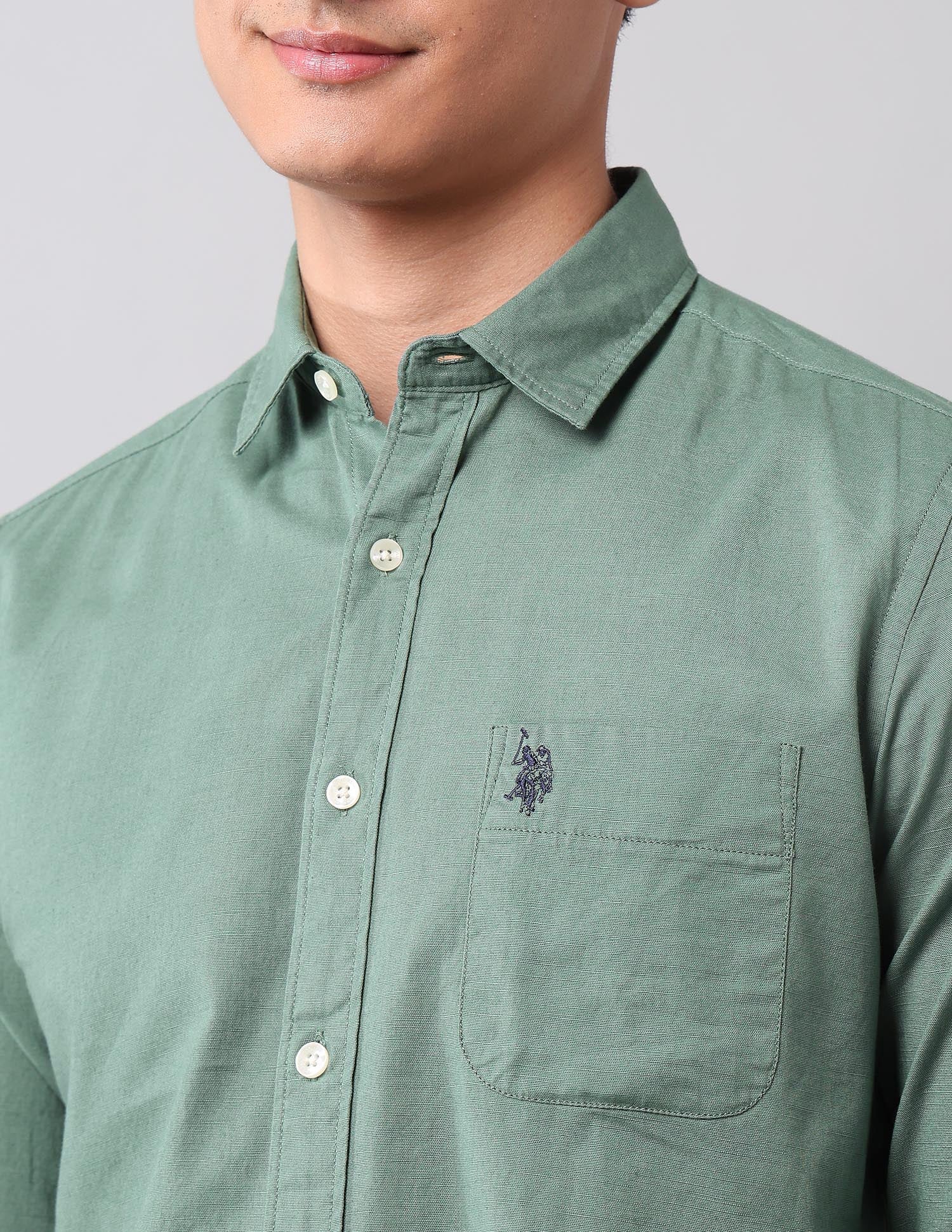 Solid Pure Cotton Shirt Light Green - U.S. Polo Assn. India | Large