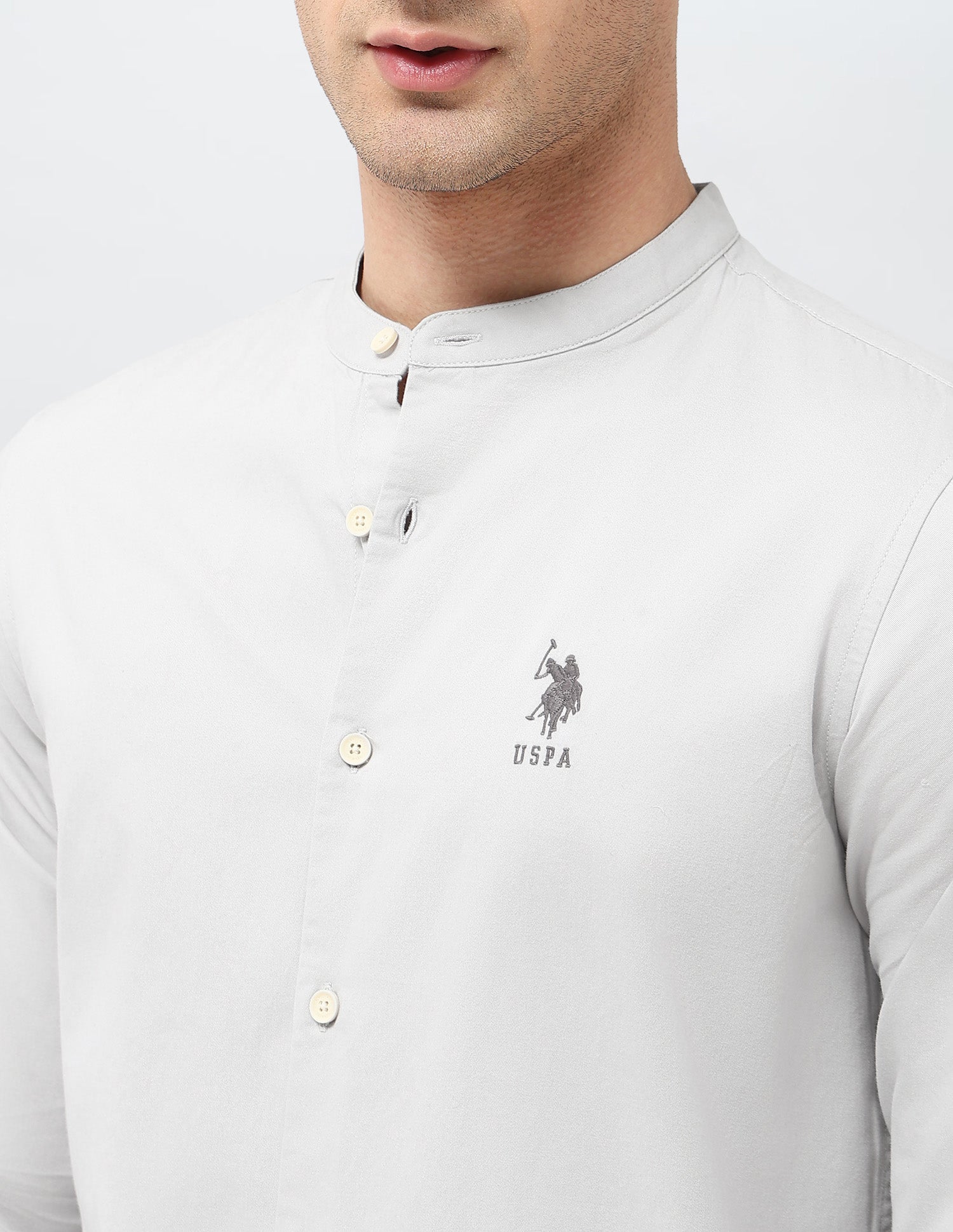 Solid Regular Fit Mandarin Shirt Grey - U.S. Polo Assn. India | Large