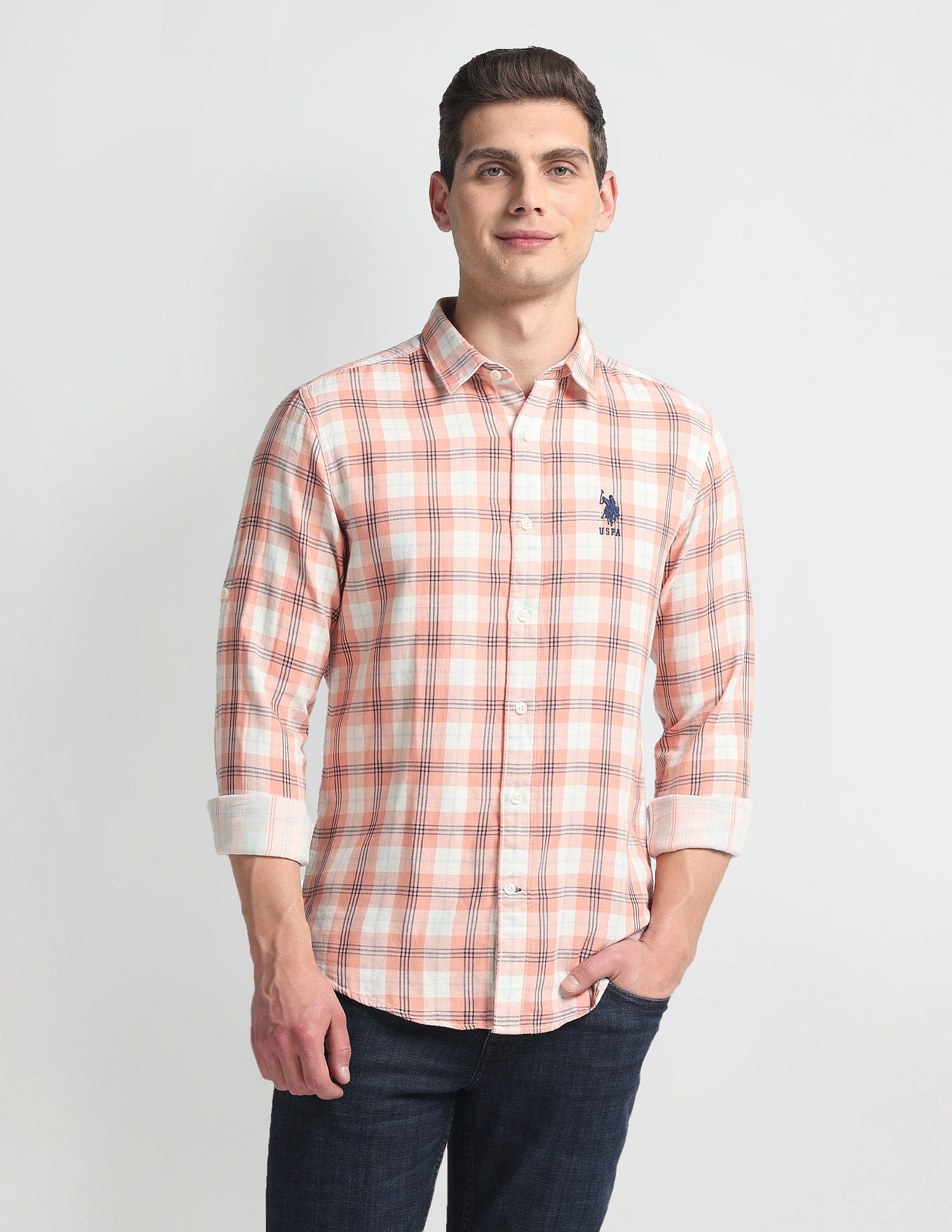 Slim Fit Tartan Check Shirt Peach - U.S. Polo Assn. India | Large
