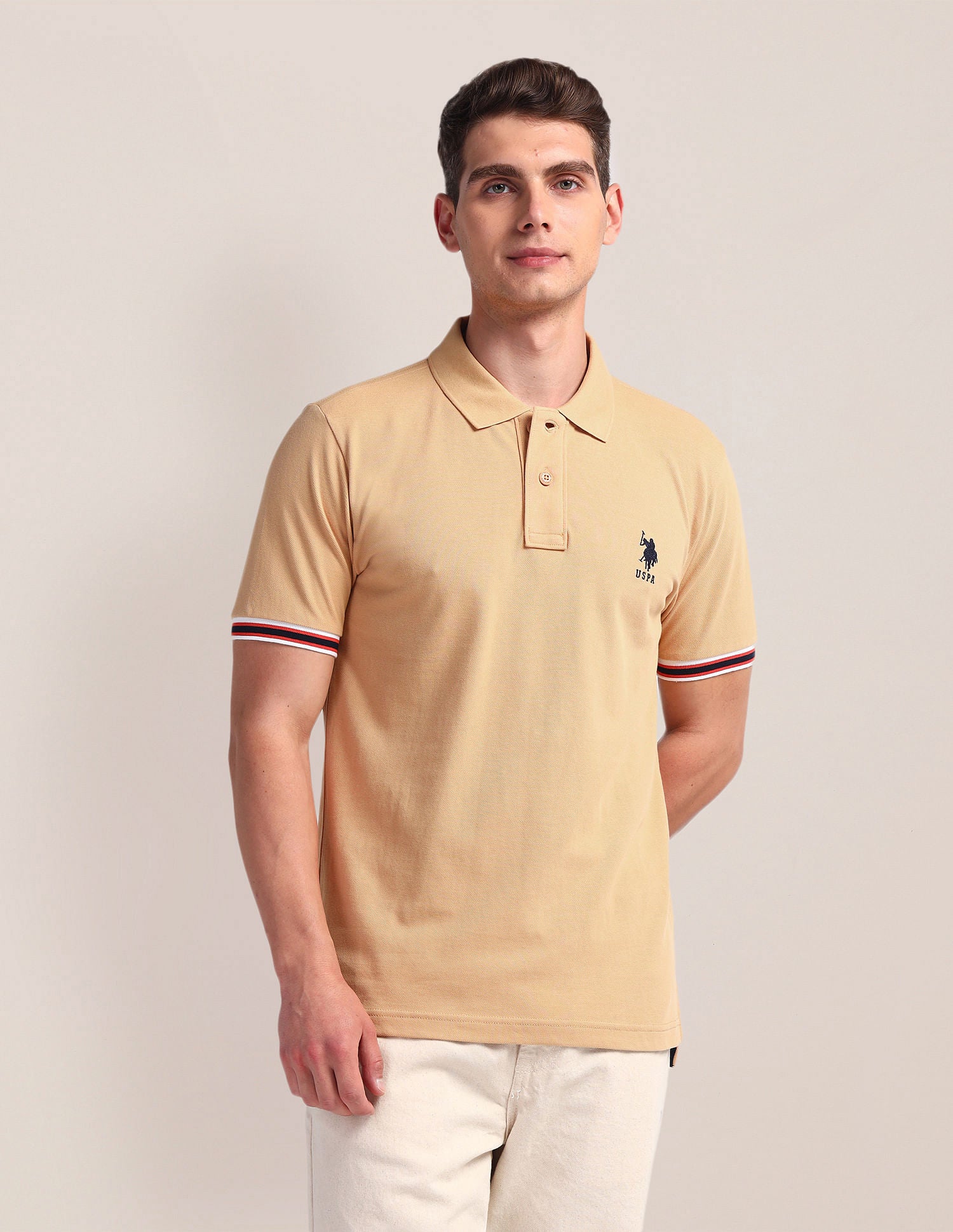 Tipped Sleeve Hem Slim Polo Shirt Beige - U.S. Polo Assn. India | Large