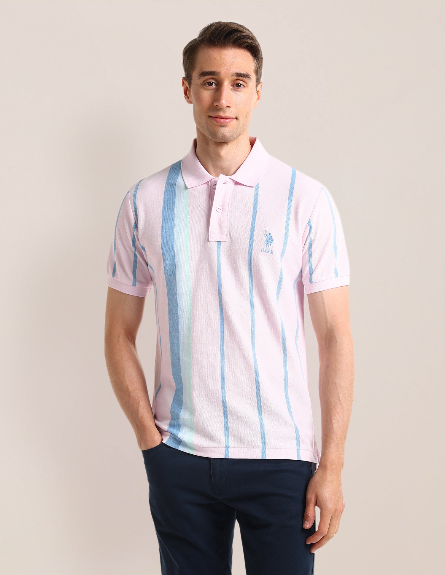 Vertical Striped Slim Fit Polo Shirt Light-Pink - U.S. POLO ASSN. | Large