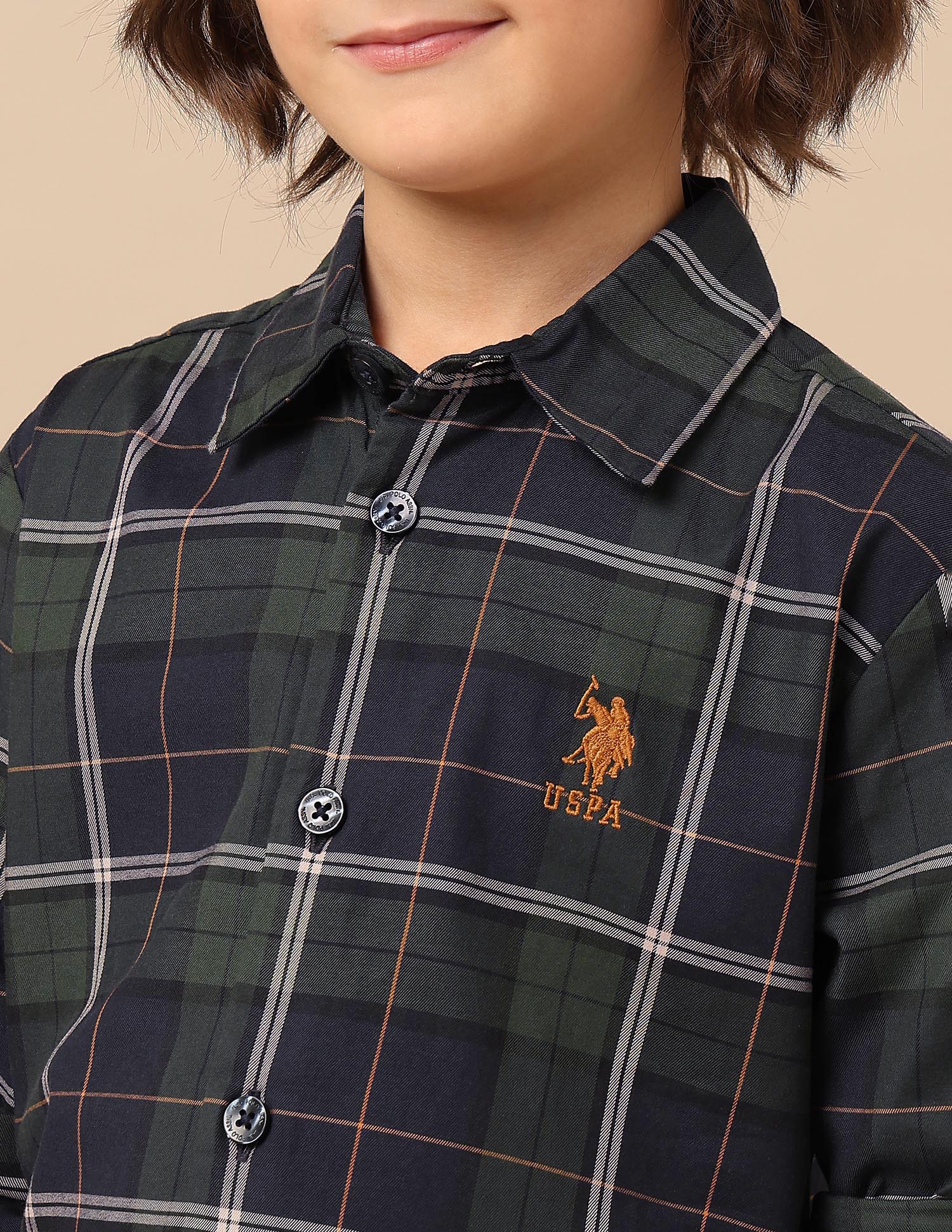 Boys Plaid Checked Twill Shirt Green - U.S. POLO ASSN. | Large