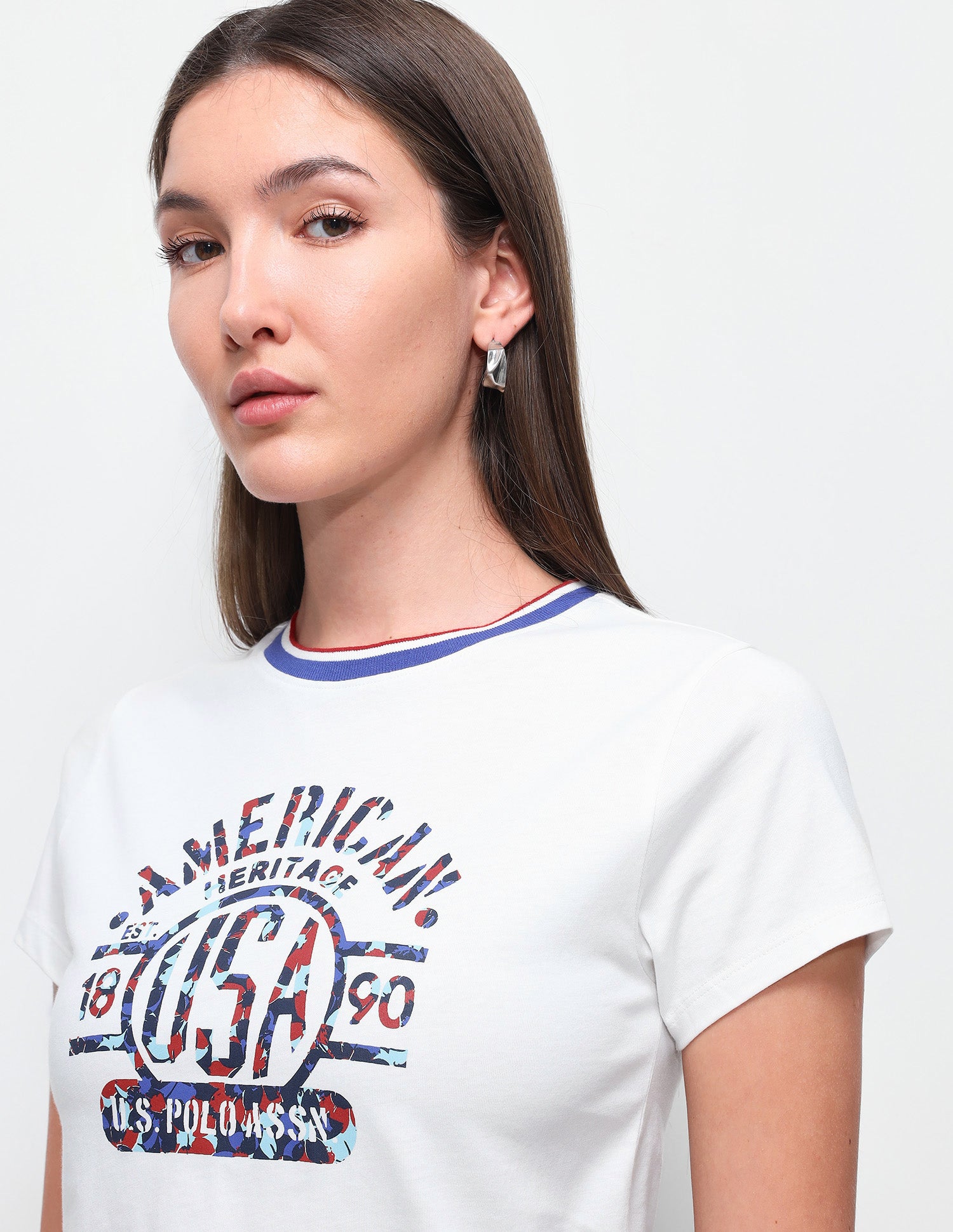 Graphic Brand Printed Fitted Ringer T-Shirt White - U.S. Polo Assn. India | Large