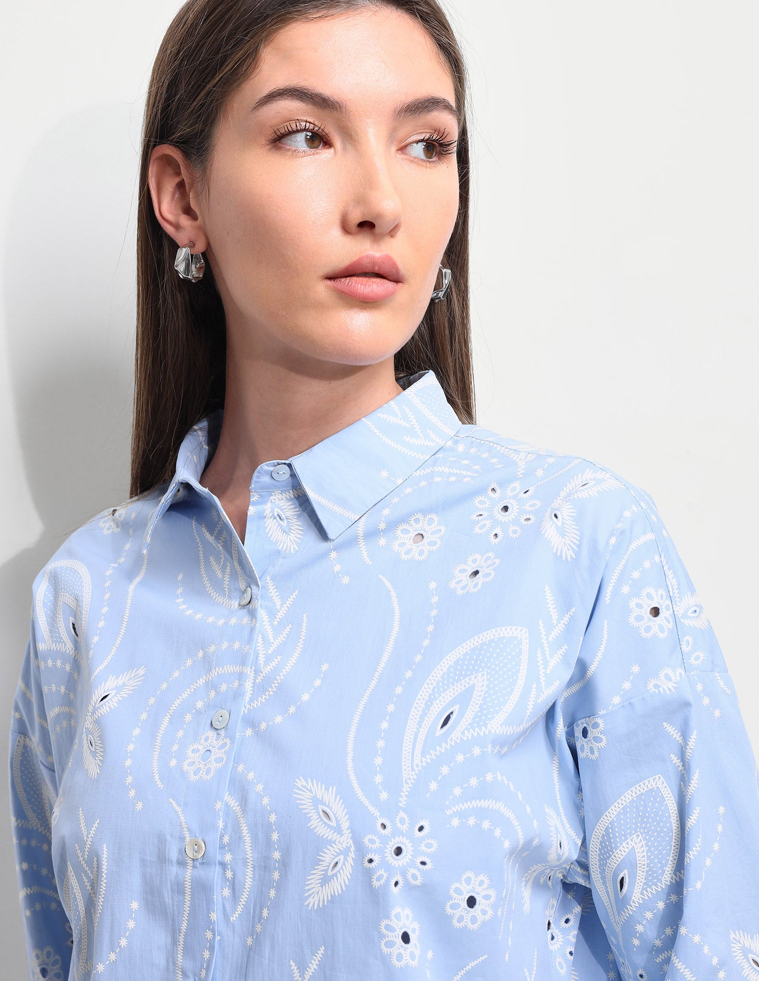 Floral Printed Cut Work Oversized Fit Shirt Light Blue - U.S. Polo Assn. India | Large