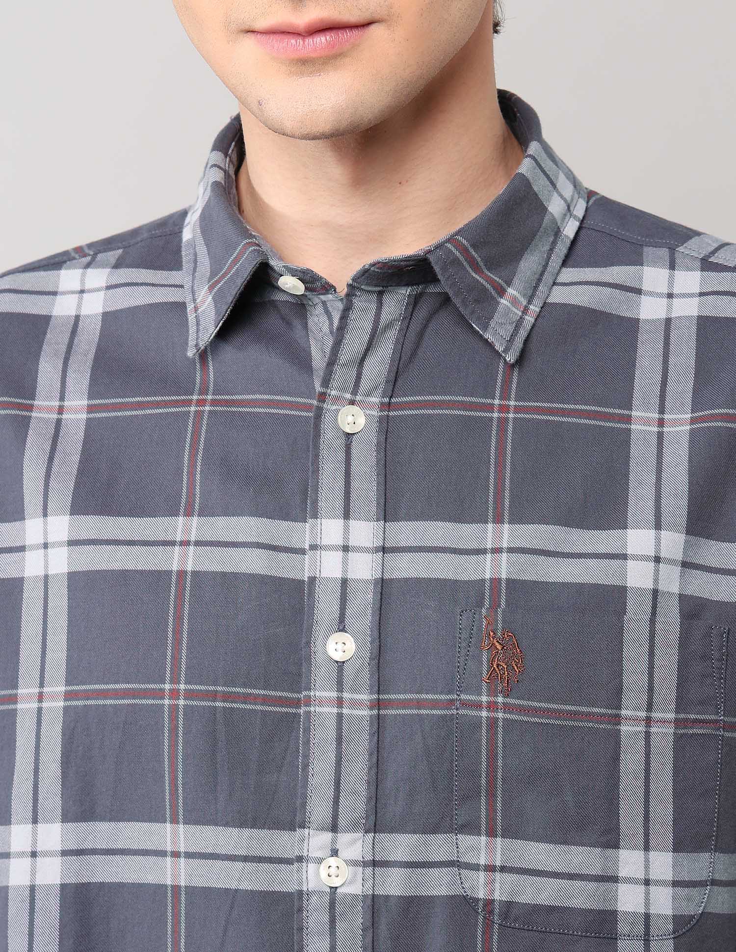 Grid Tattersall Checked Pure Cotton Shirt Grey - U.S. POLO ASSN. | Large