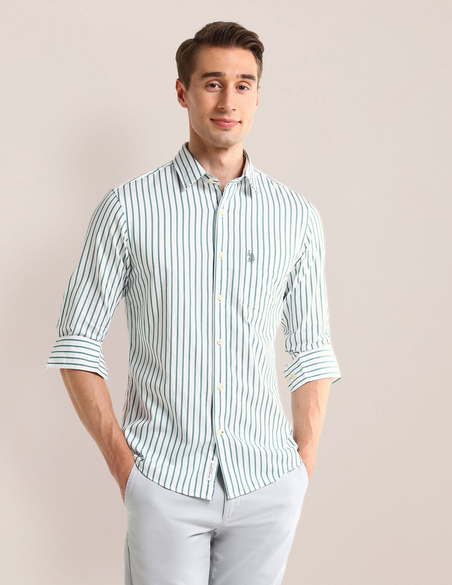 Tailored Fit Vertical Striped Shirt Off-White - U.S. Polo Assn. India | Large