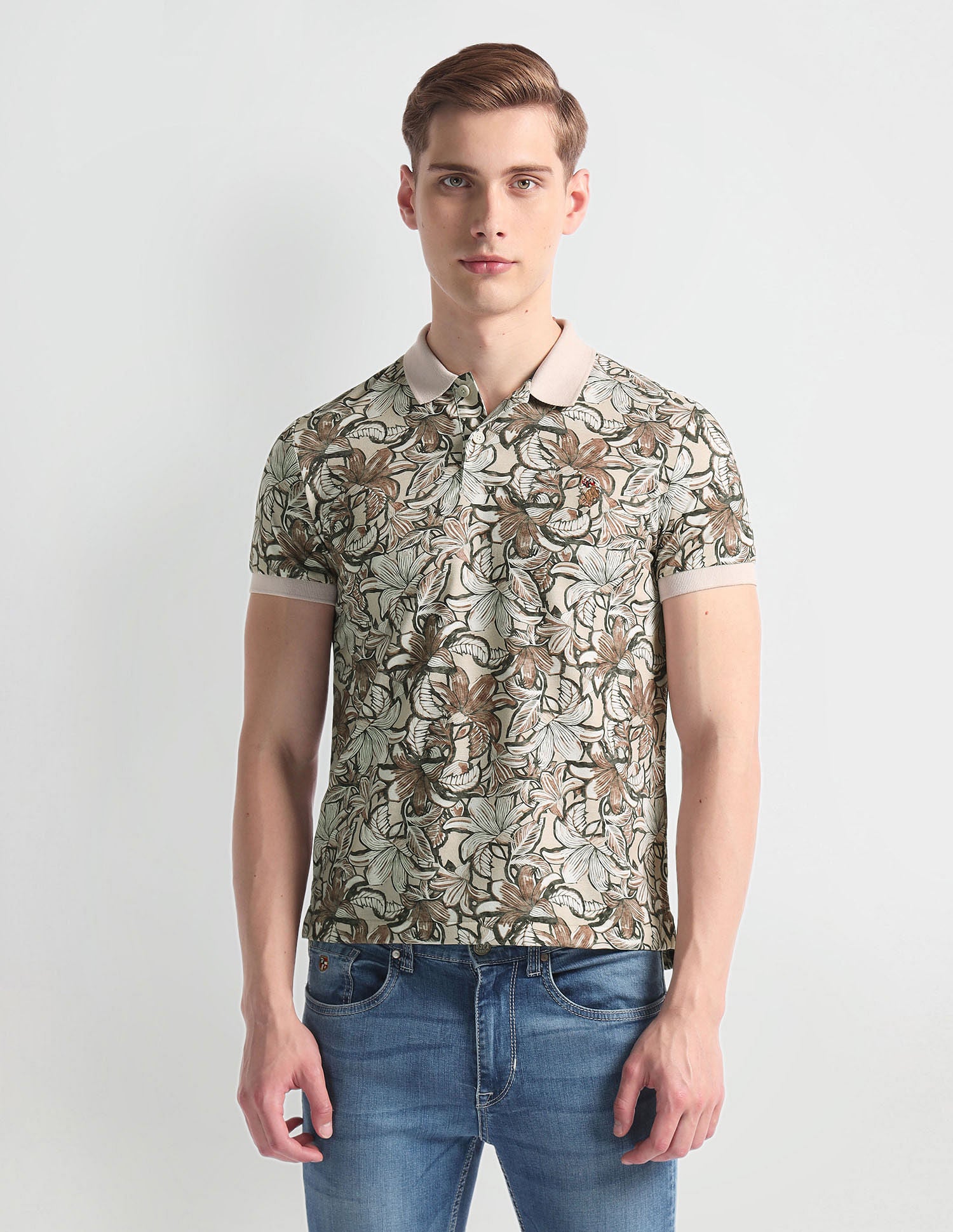 Floral Print Muscle Fit Polo Shirt Beige - U.S. Polo Assn. India | Large