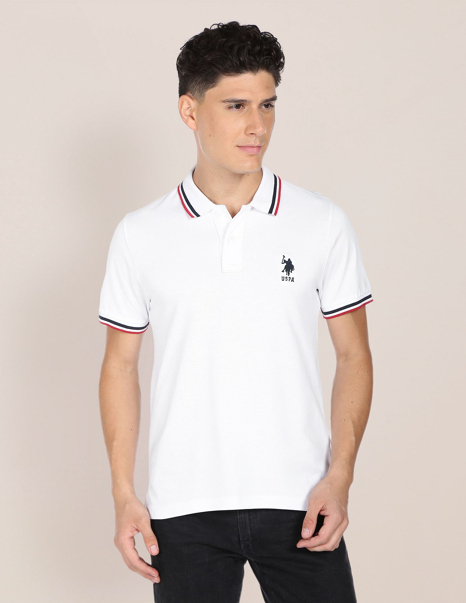 Men White Tipped Cotton Polo Shirt White - U.S. POLO ASSN. | Large