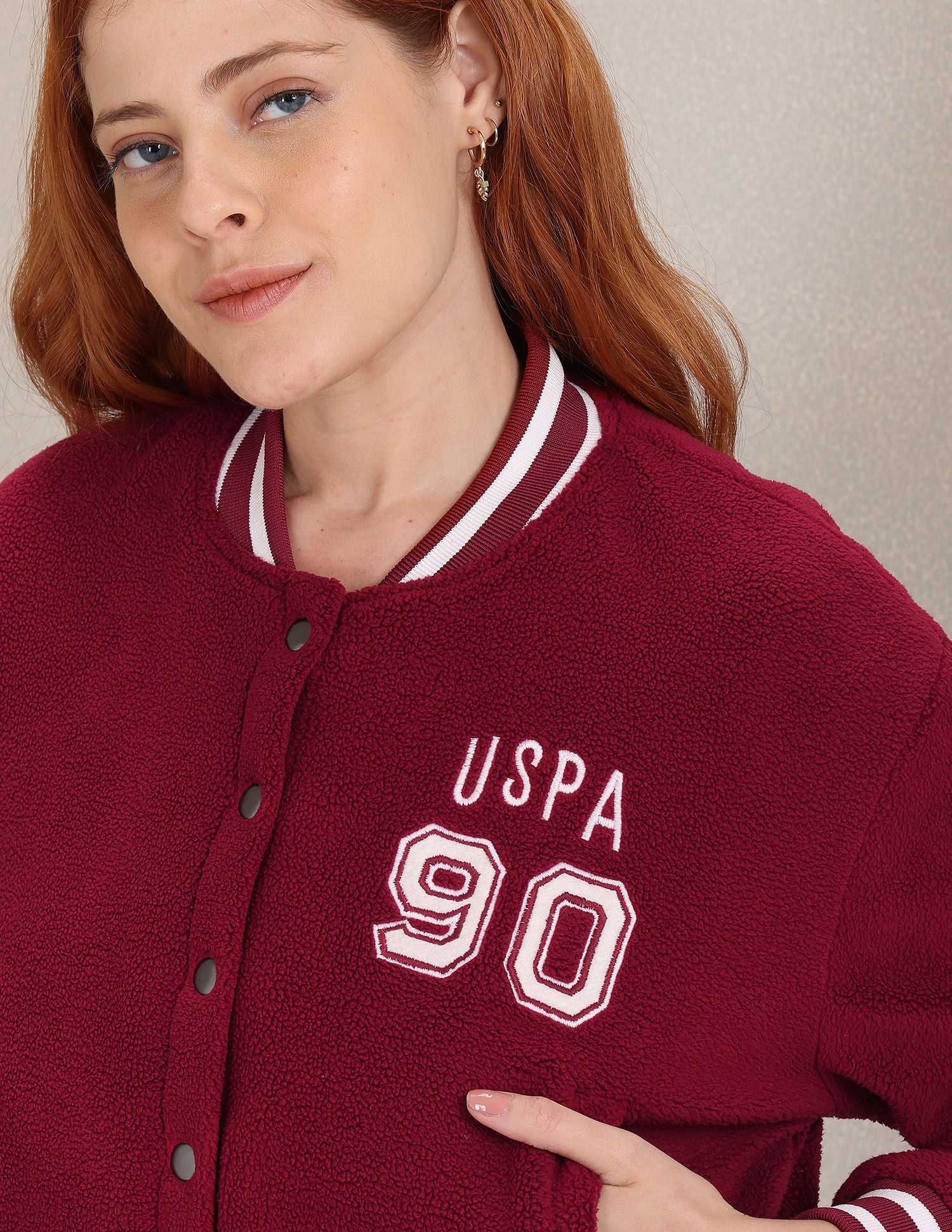 Solid Faux Fur Varsity Jacket Wine - U.S. POLO ASSN. | Large