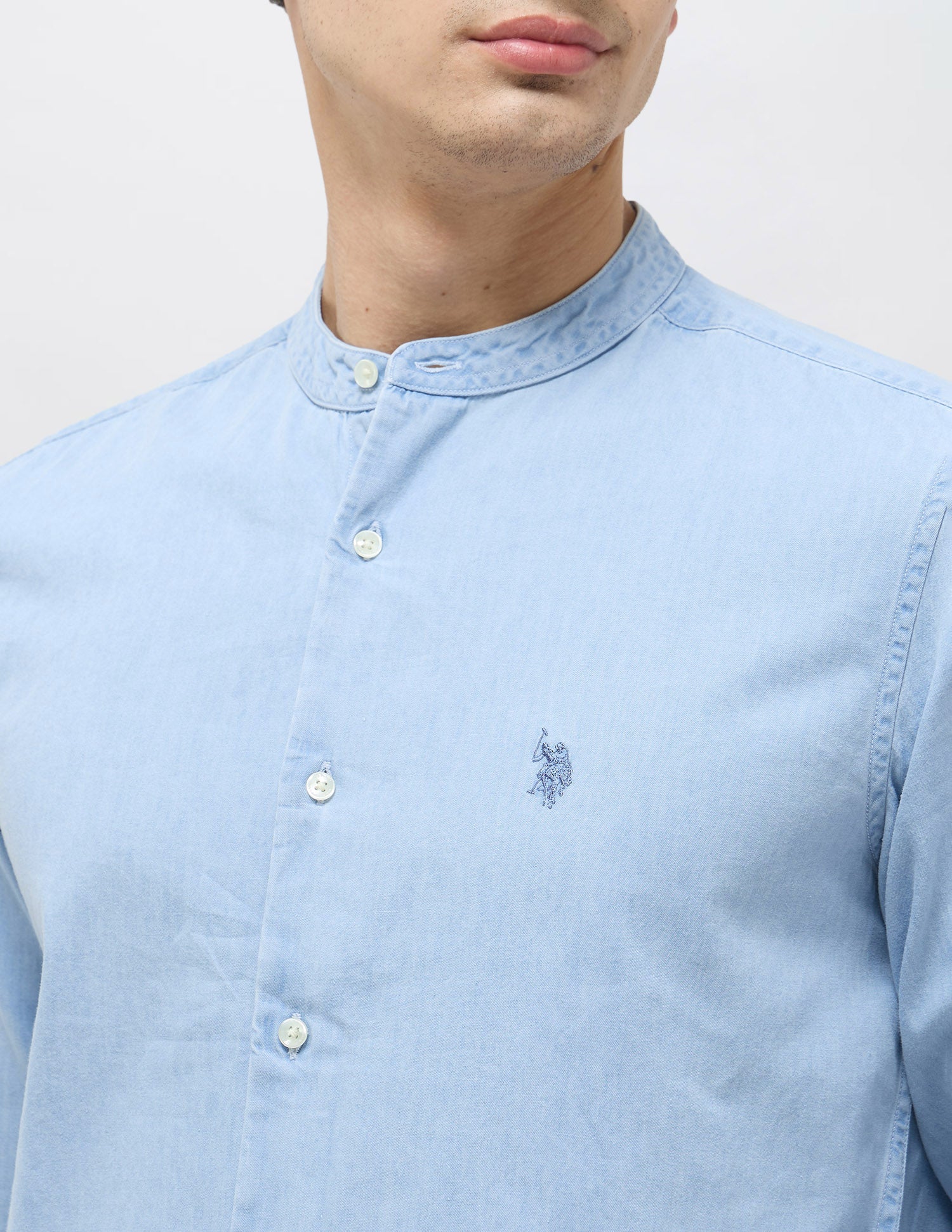 Twill Slim Fit Mandarin Shirt Light Indigo - U.S. POLO ASSN. | Large