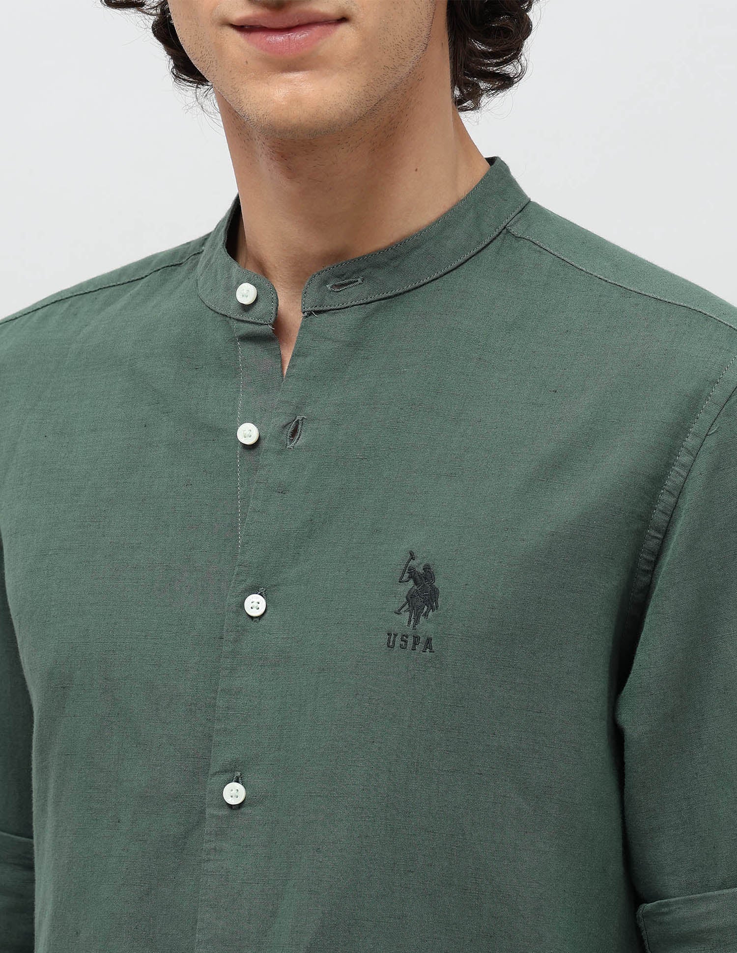 Solid Regular Fit Mandarin Shirt Green - U.S. POLO ASSN. | Large