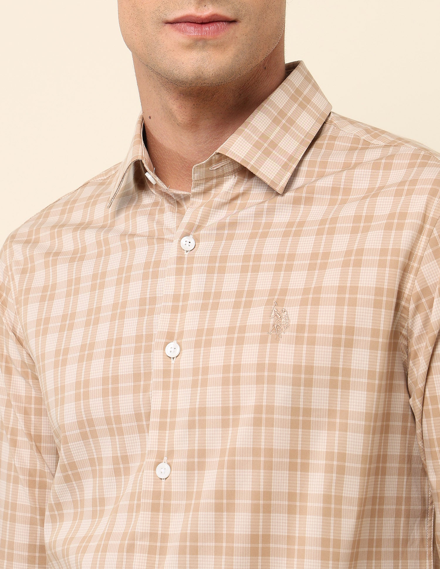 Grid Tattersall Checked Tailored Fit Shirt Beige - U.S. Polo Assn. India | Large