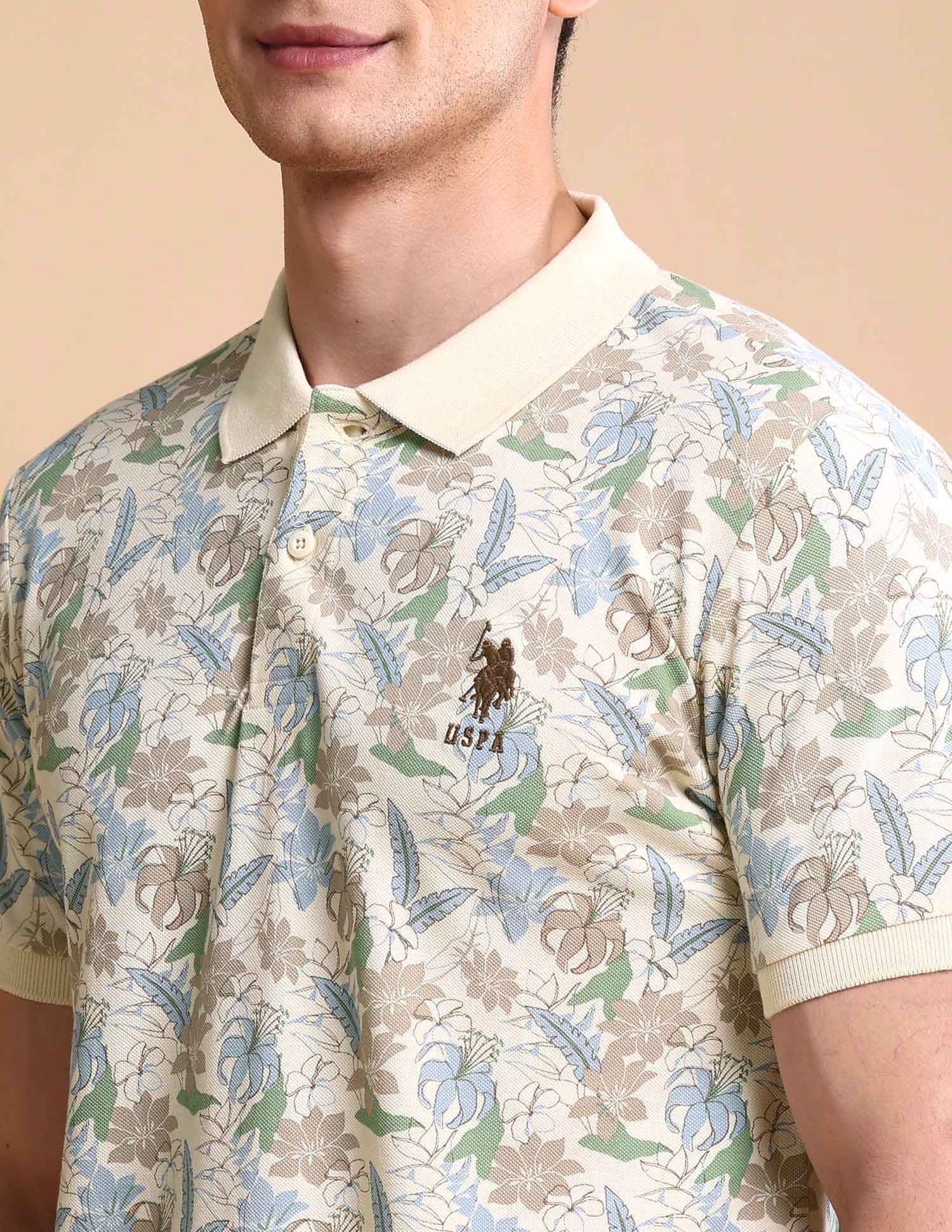 Floral Printed Slim Fit Polo Shirt Beige - U.S. POLO ASSN. | Large