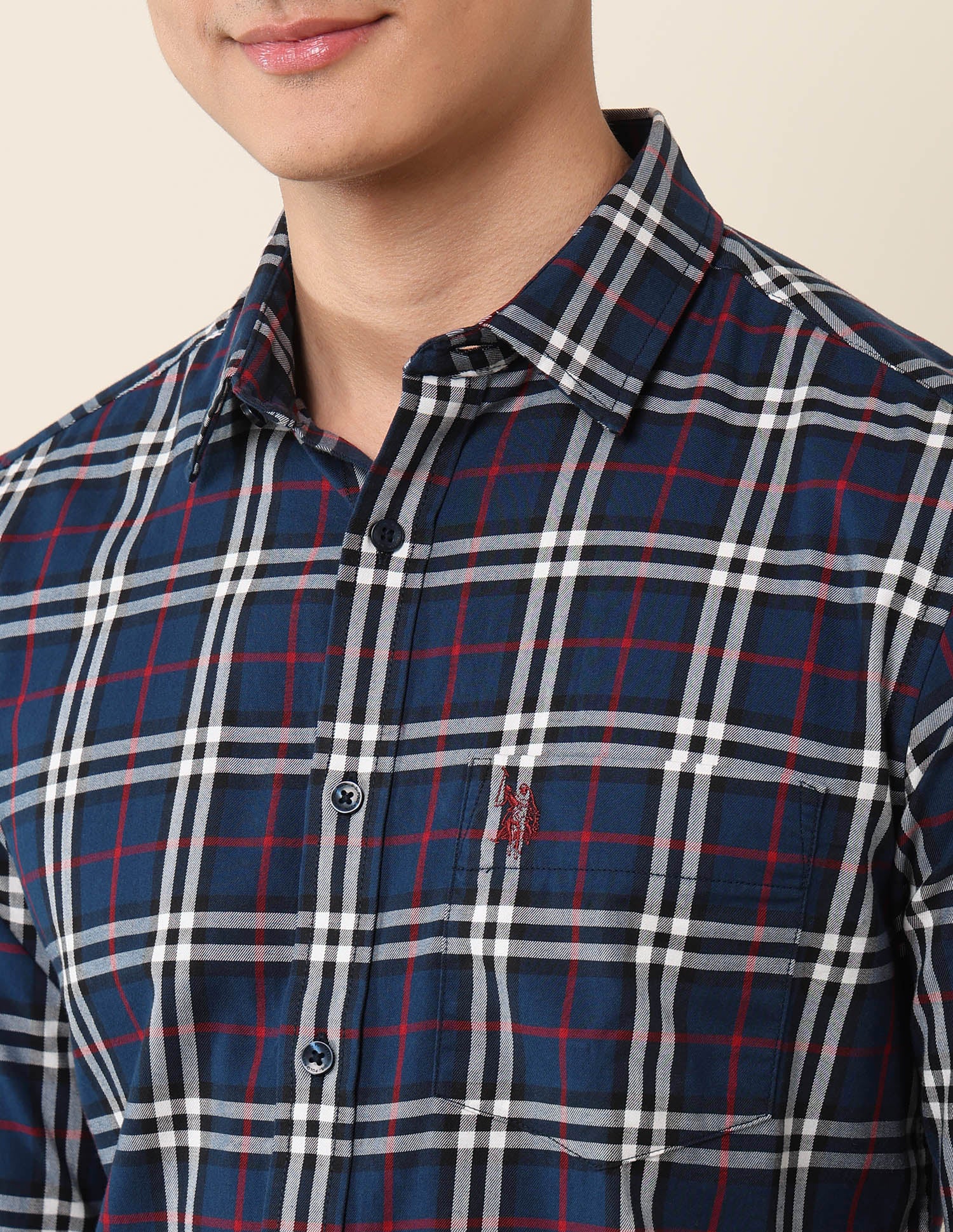 Grid Tattersall Checked Pure Cotton Shirt Navy Blue - U.S. Polo Assn. India | Large