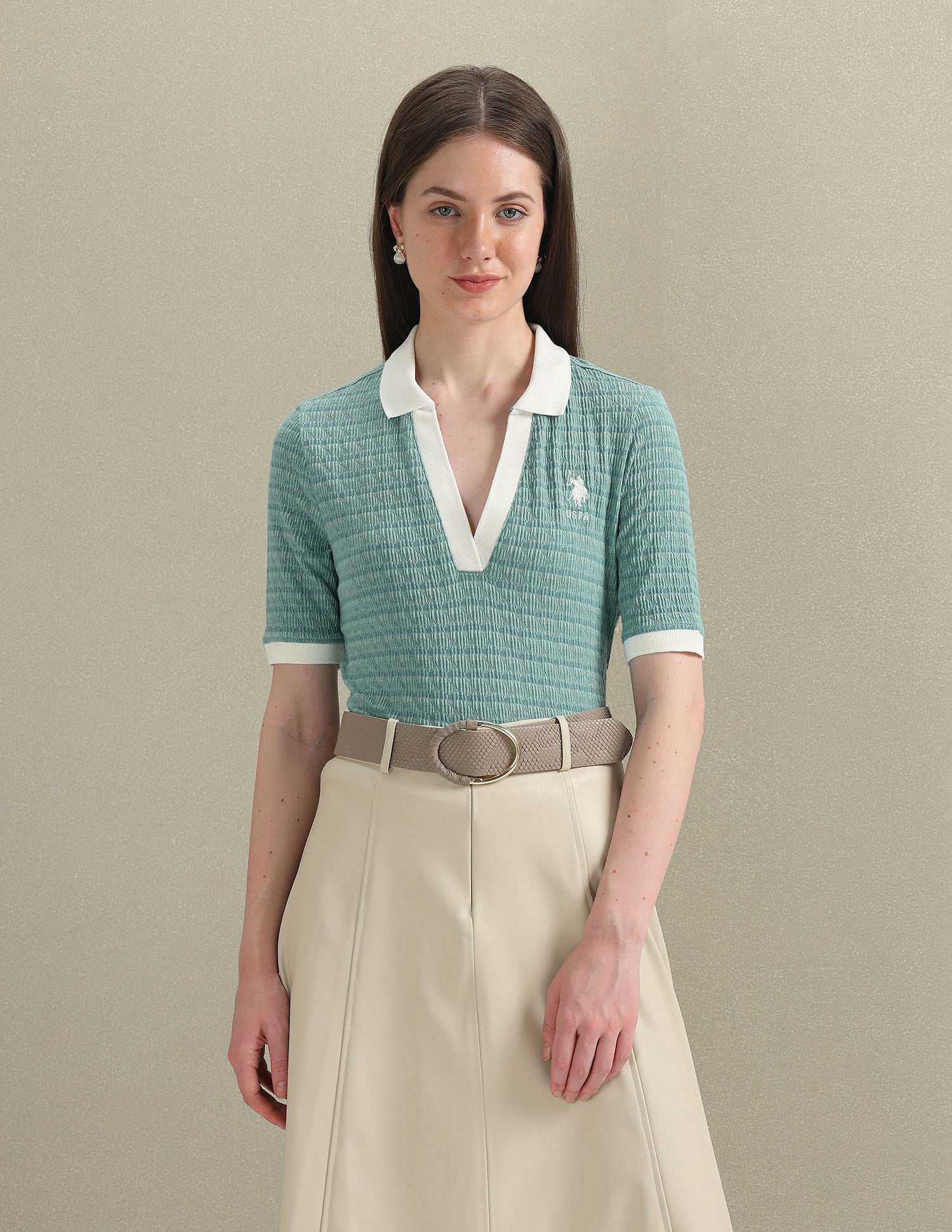 Open Placket Textured Polo Shirt Teal - U.S. POLO ASSN. | Large