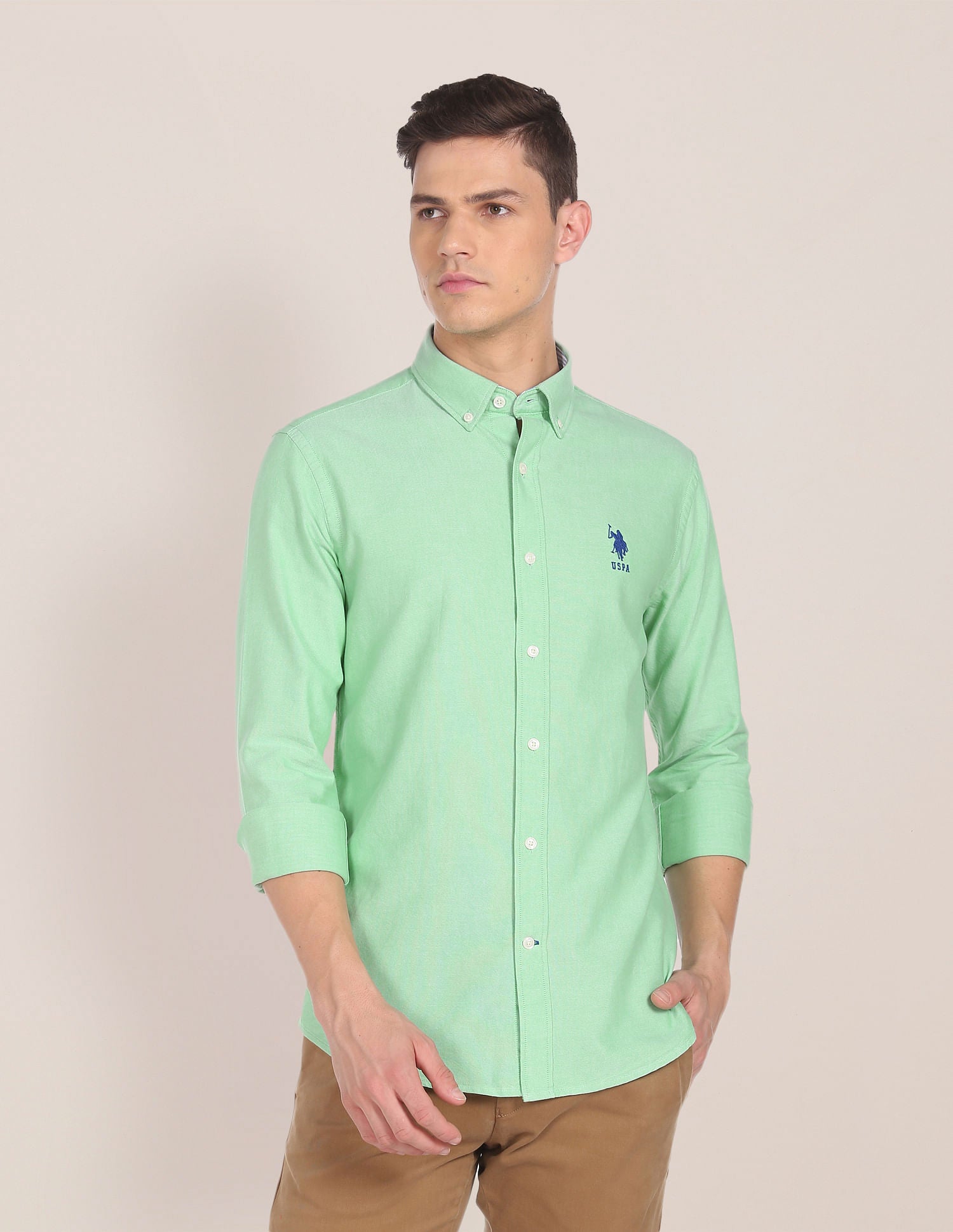 Men Green Button Down Collar Solid Casual Shirt – U.S. Polo Assn. India