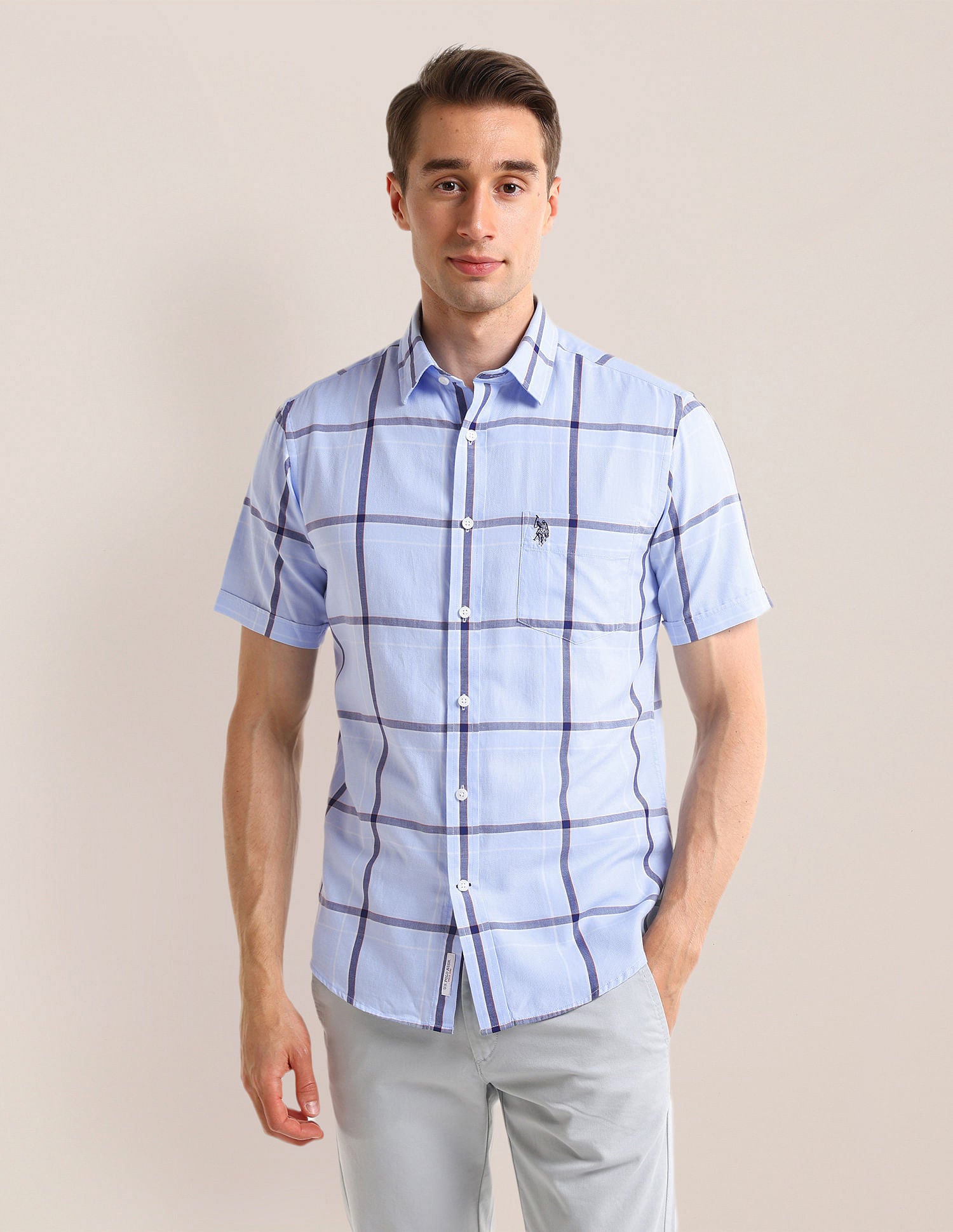 Tailored Fit Windowpane Checked Shirt Light-Blue - U.S. Polo Assn. India | Large