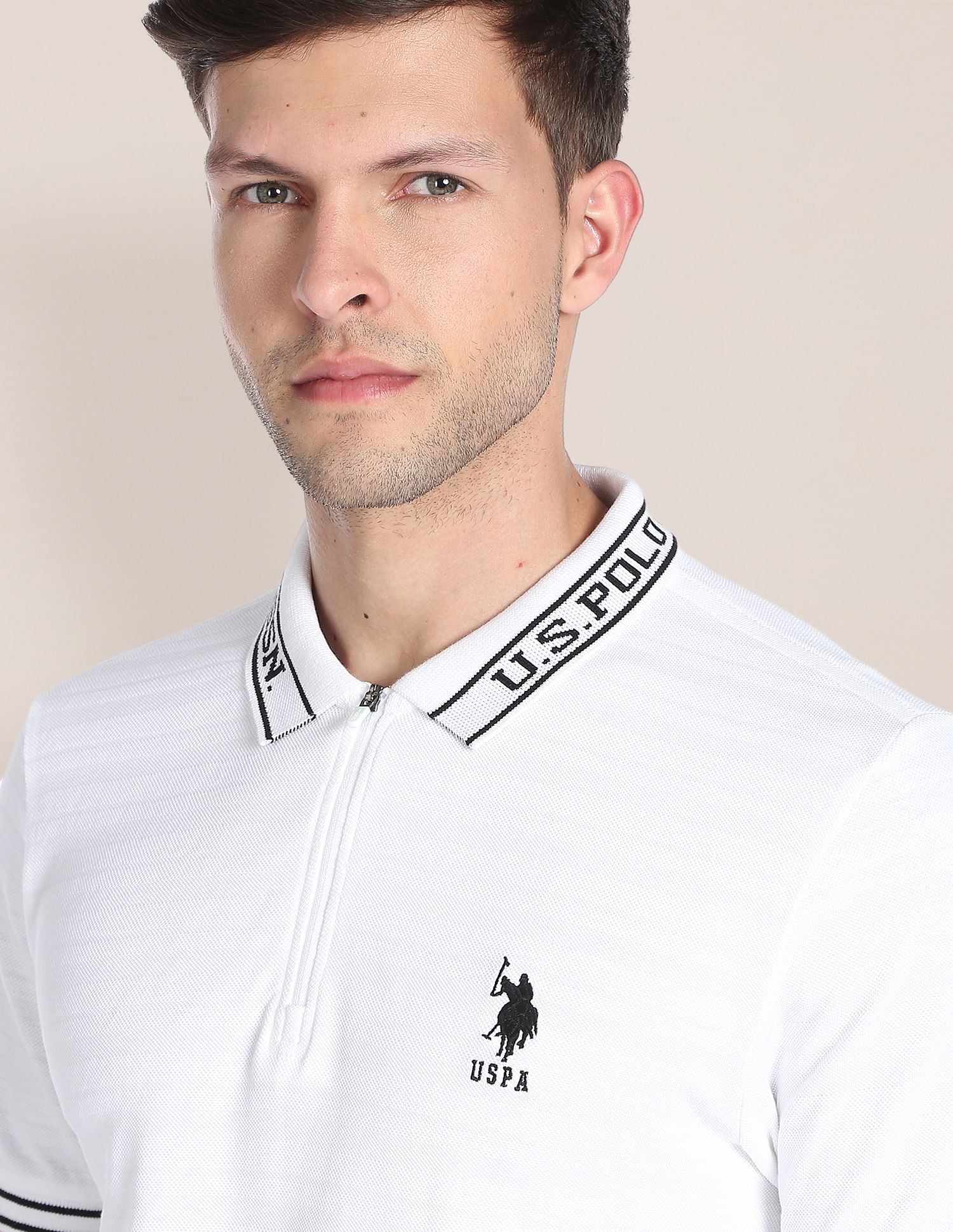 Branded Collar Jacquard Polo Shirt White - U.S. Polo Assn. India | Large